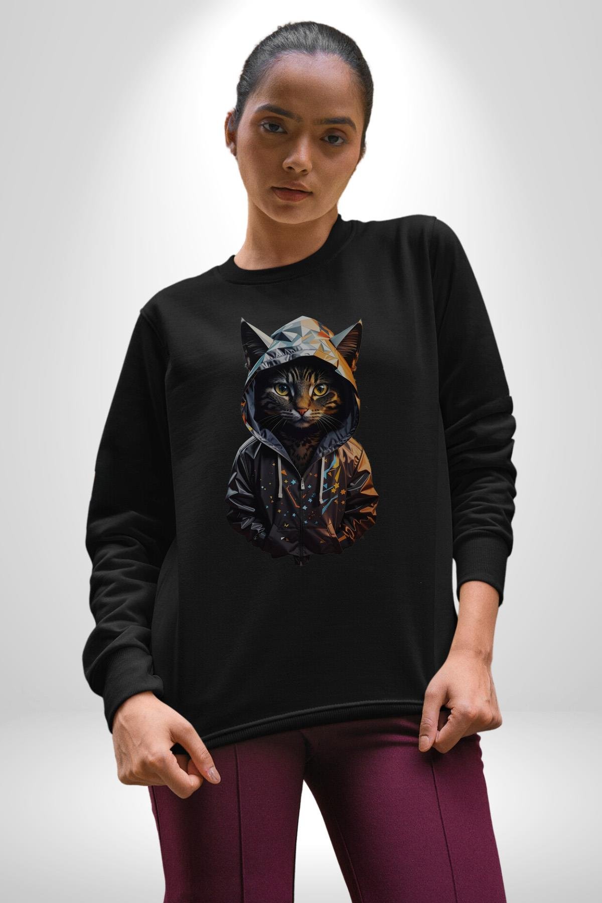 Hip Hop Gençlik Kedi Çeket Kadın Erkek Çocuk Siyah Baskılı Sweatshirt 