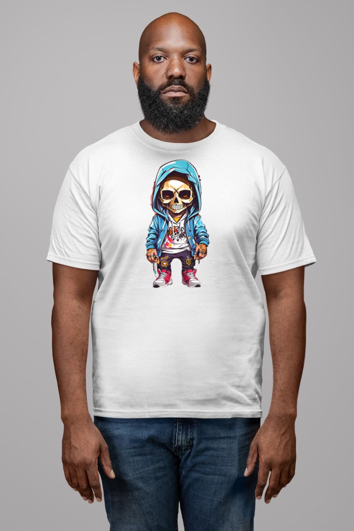 Hiphop Kurukafa Hoodie Kadın Erkek Unisex Beyaz Organik Baskılı T-Shirt