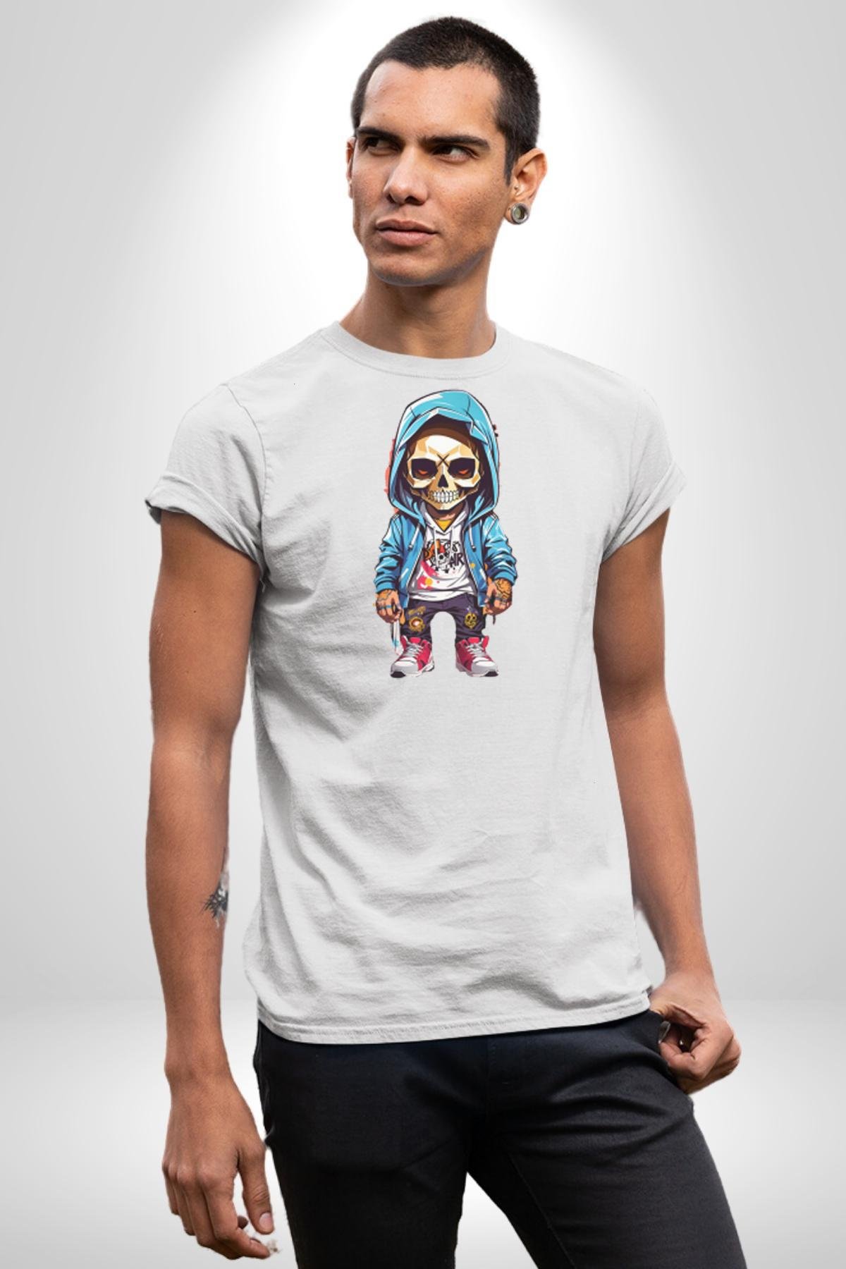 Hiphop Kurukafa Hoodie Kadın Erkek Unisex Beyaz Organik Baskılı T-Shirt