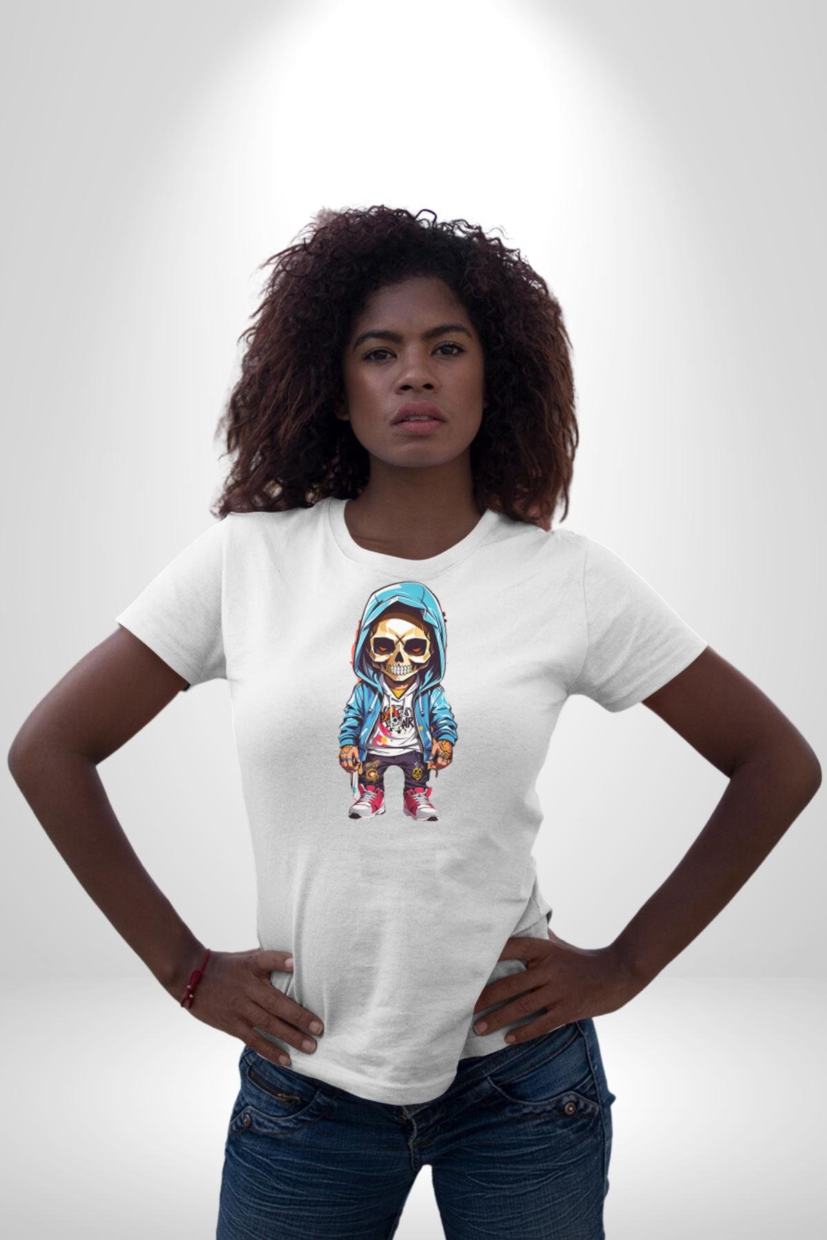 Hiphop Kurukafa Hoodie Kadın Erkek Unisex Beyaz Organik Baskılı T-Shirt