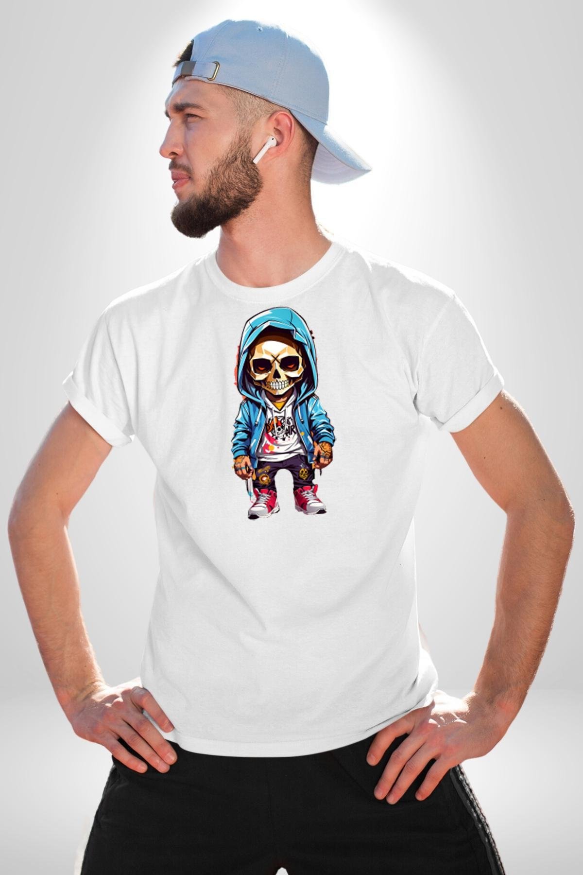 Hiphop Kurukafa Hoodie Kadın Erkek Unisex Beyaz Organik Baskılı T-Shirt