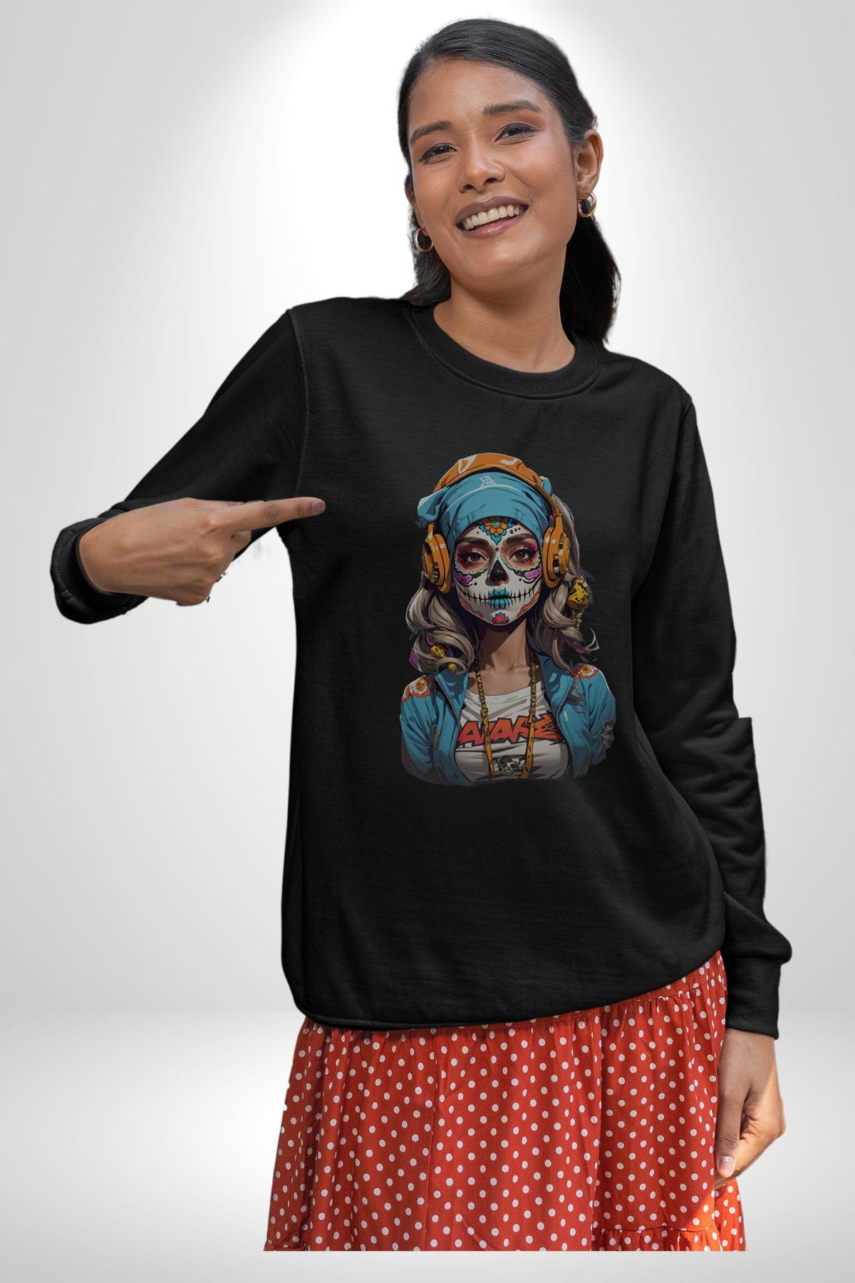 Hippie Cesur Stil Dövmeli Kız  Kadın Erkek Çocuk Siyah Baskılı Sweatshirt 