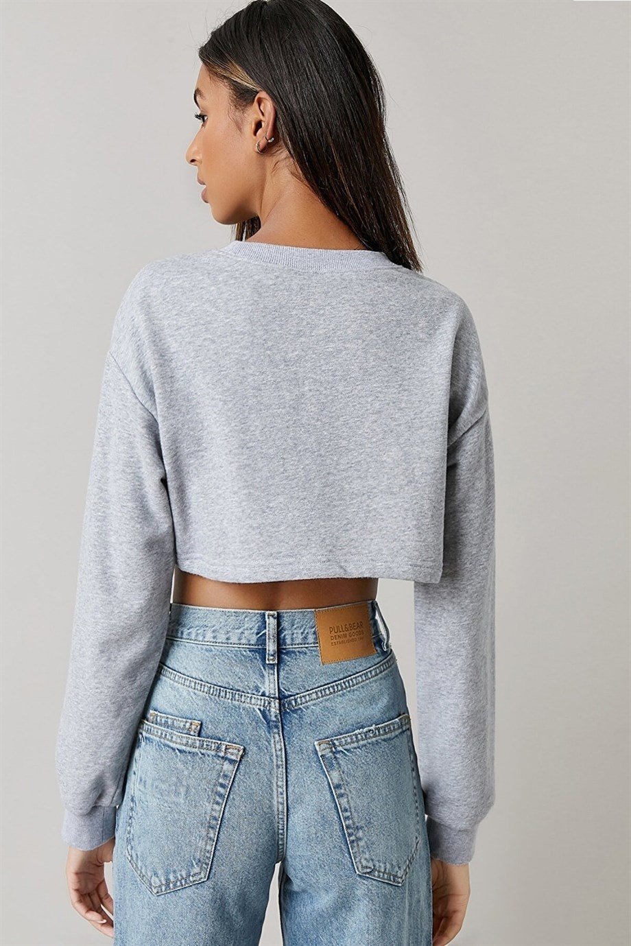 Kadın Grı Kısa Kesim Mevsimlik Kumaş Crop Sweatshirt 5050_20150