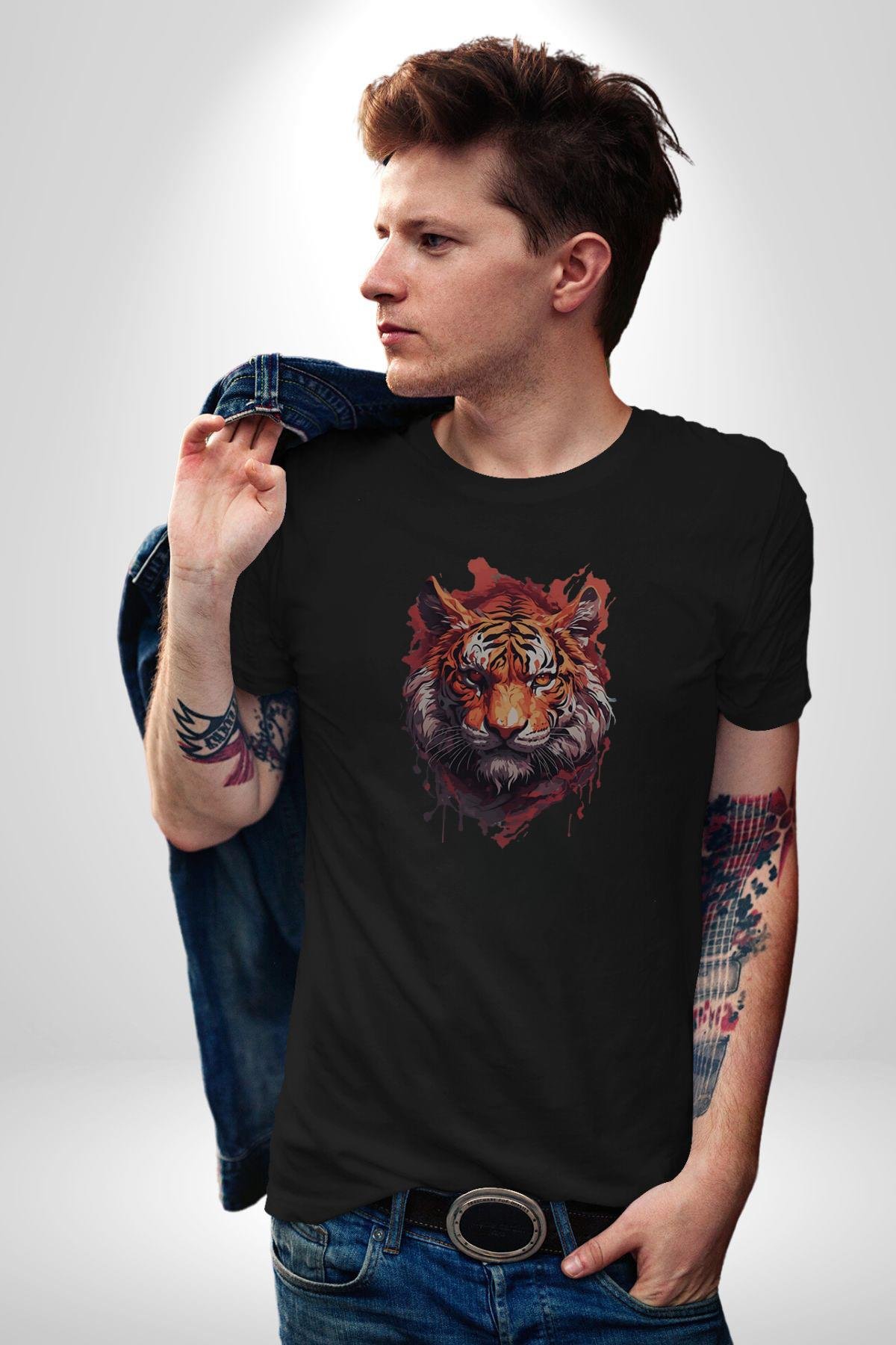 Kaplan Kafası Kadın Erkek Unisex Siyah Organik Baskılı T-Shirt