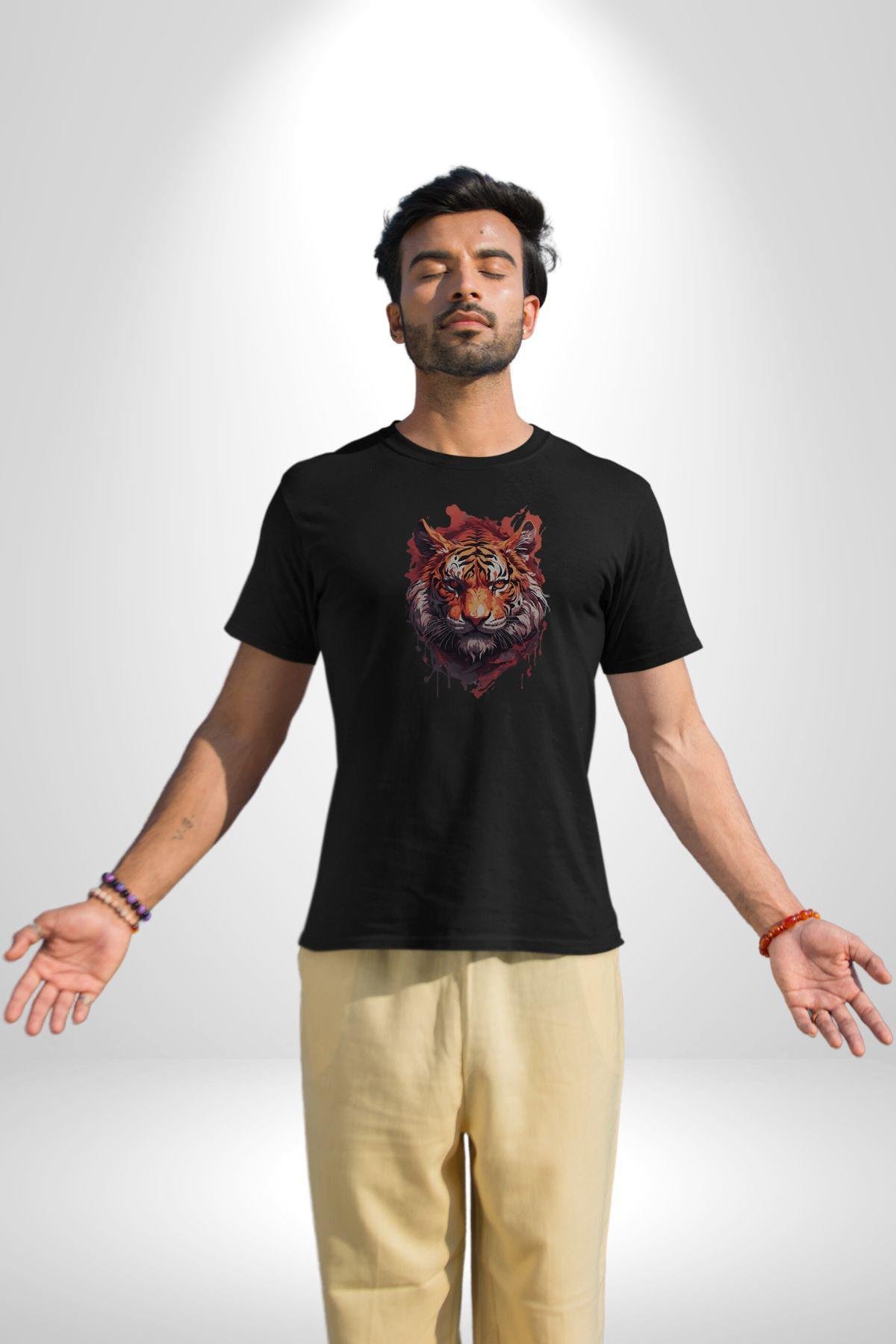 Kaplan Kafası Kadın Erkek Unisex Siyah Organik Baskılı T-Shirt