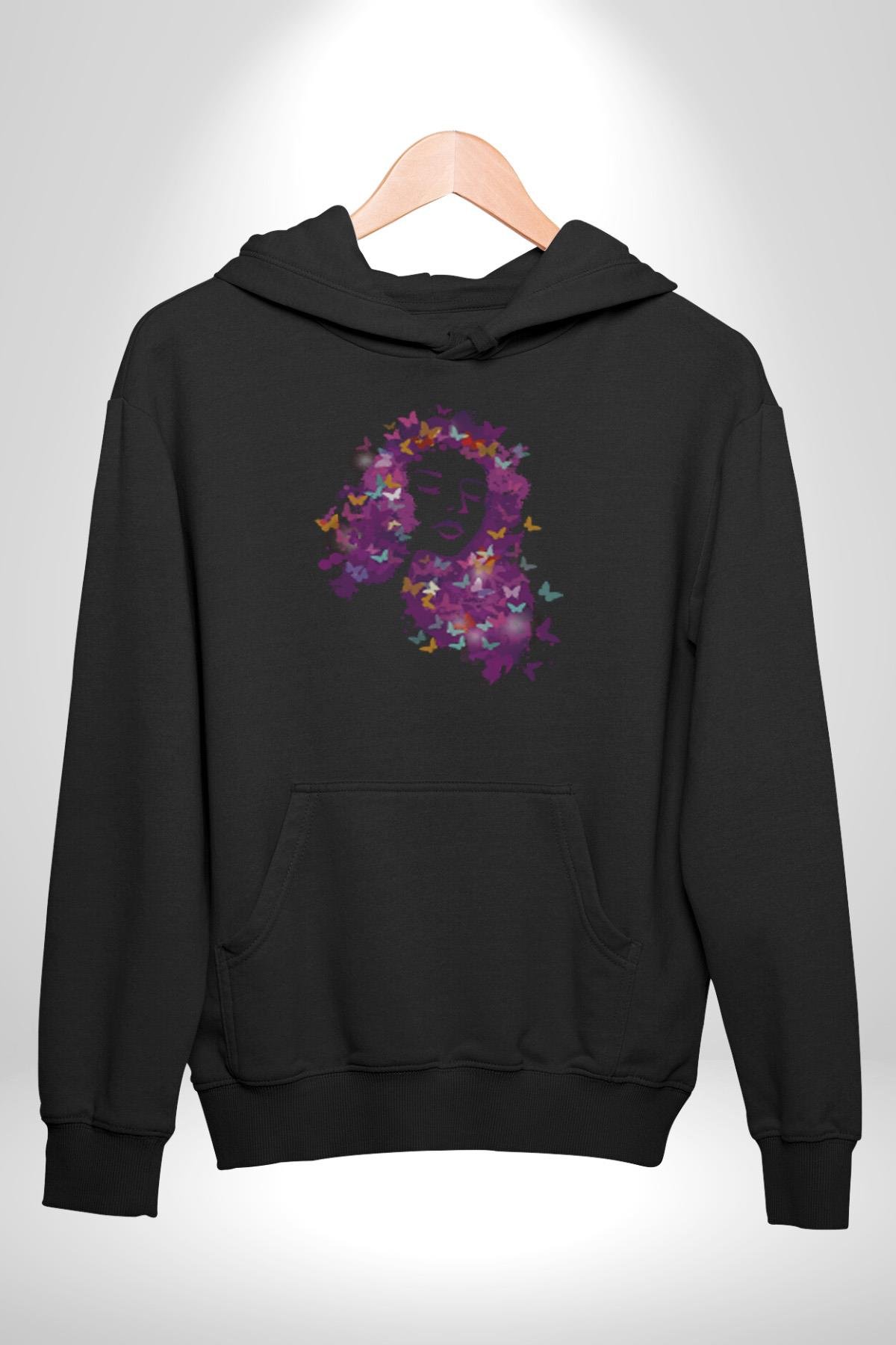 Kelebekler Kanser Günü Ve Kadınlar Günü  Kadın Erkek Çocuk Siyah Kapüşonlu Sweatshirt Hoodie