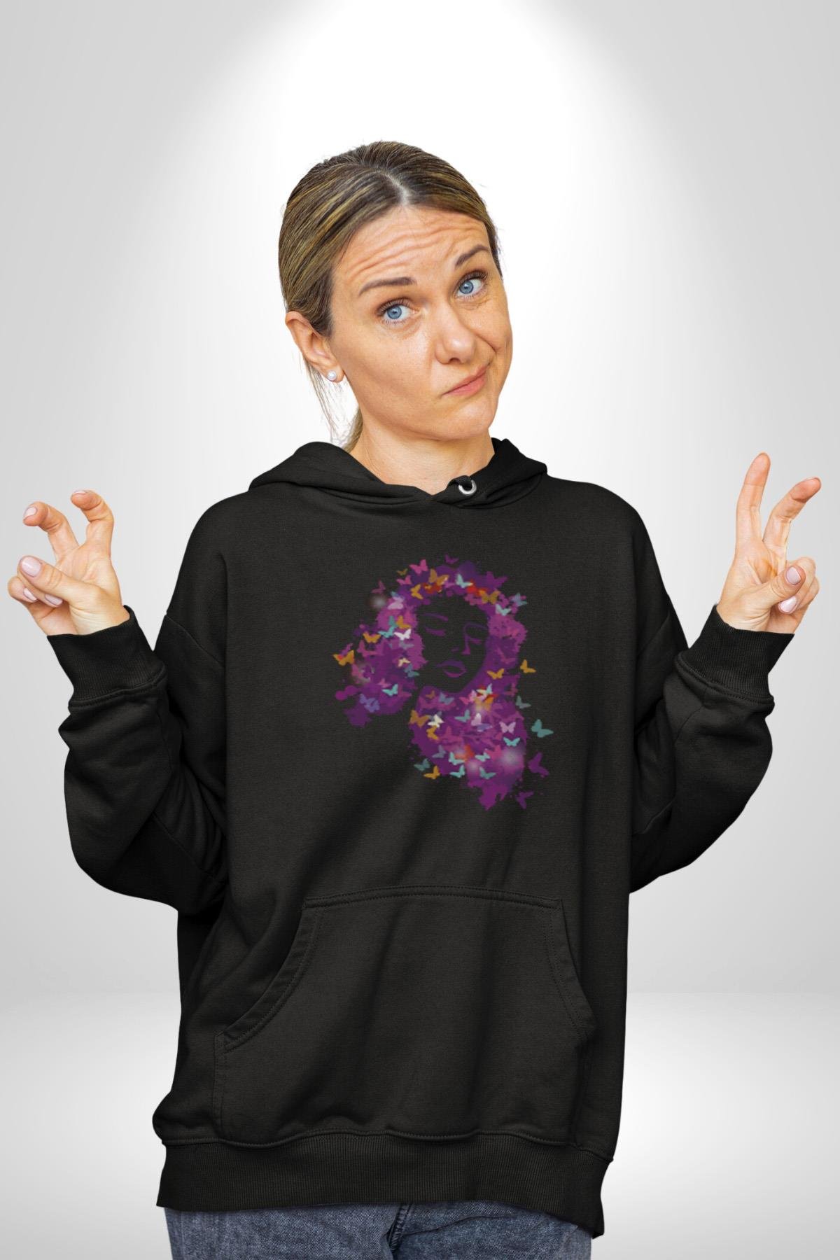 Kelebekler Kanser Günü Ve Kadınlar Günü  Kadın Erkek Çocuk Siyah Kapüşonlu Sweatshirt Hoodie