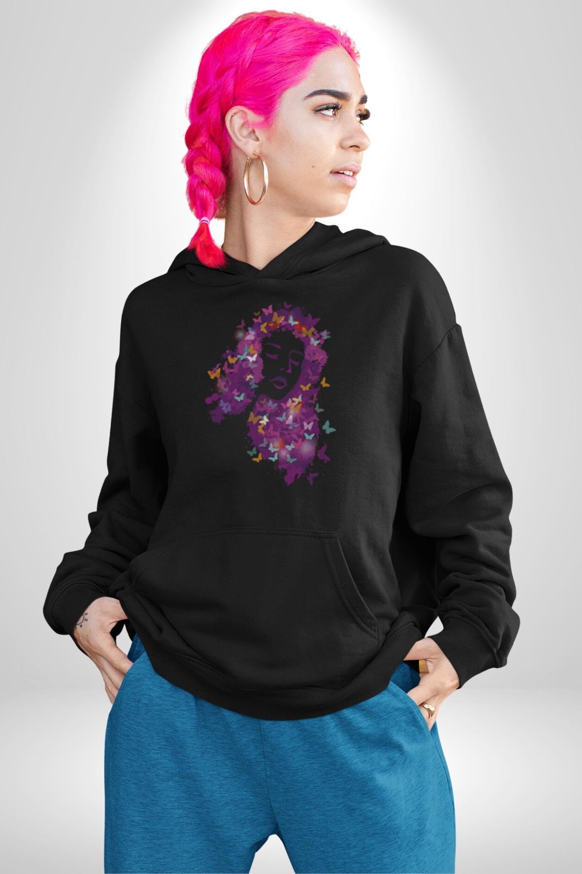 Kelebekler Kanser Günü Ve Kadınlar Günü  Kadın Erkek Çocuk Siyah Kapüşonlu Sweatshirt Hoodie