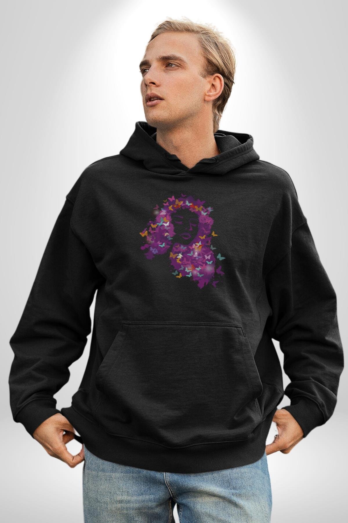Kelebekler Kanser Günü Ve Kadınlar Günü  Kadın Erkek Çocuk Siyah Kapüşonlu Sweatshirt Hoodie