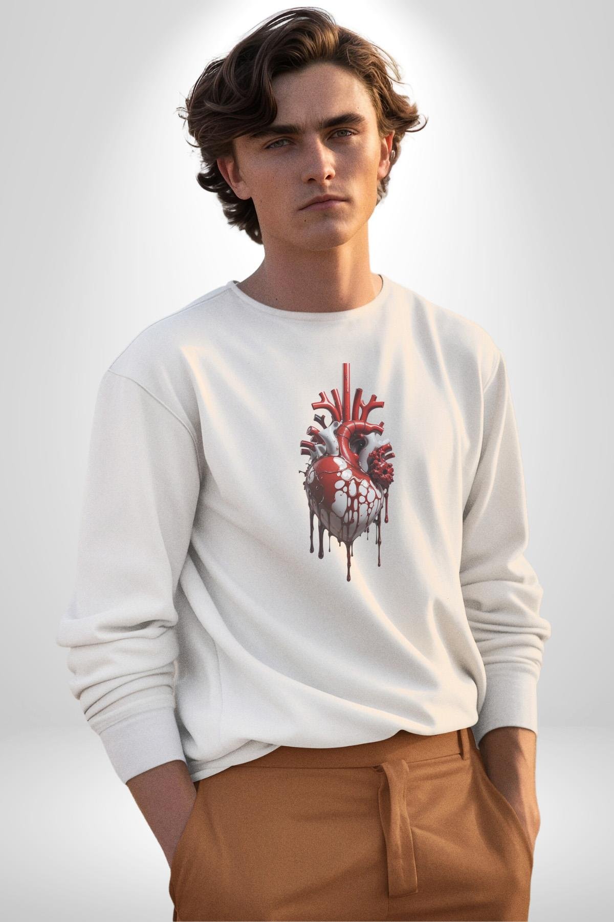 Kırmızı Beyaz Kalp Toplar Damar Kadın Erkek  Beyaz Baskılı Sweatshirt 