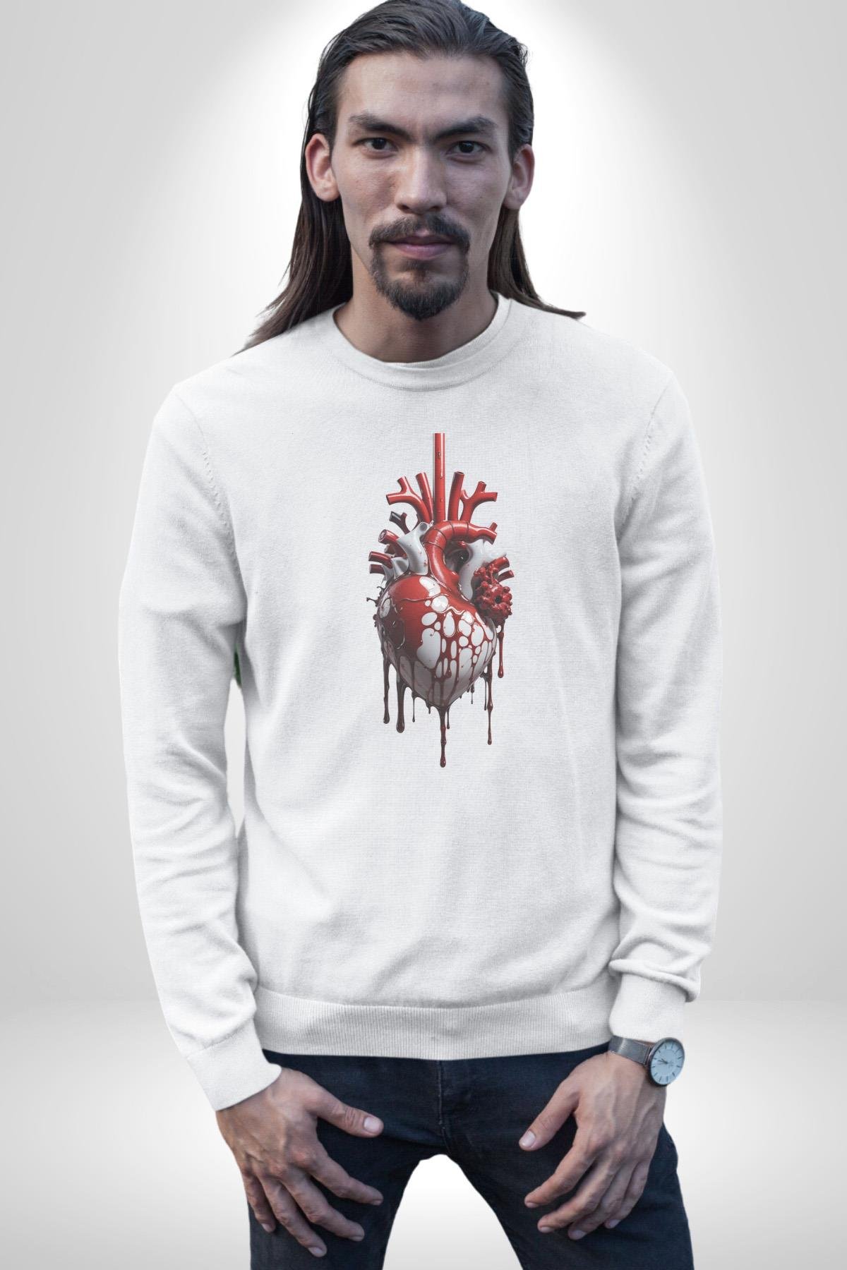Kırmızı Beyaz Kalp Toplar Damar Kadın Erkek  Beyaz Baskılı Sweatshirt 