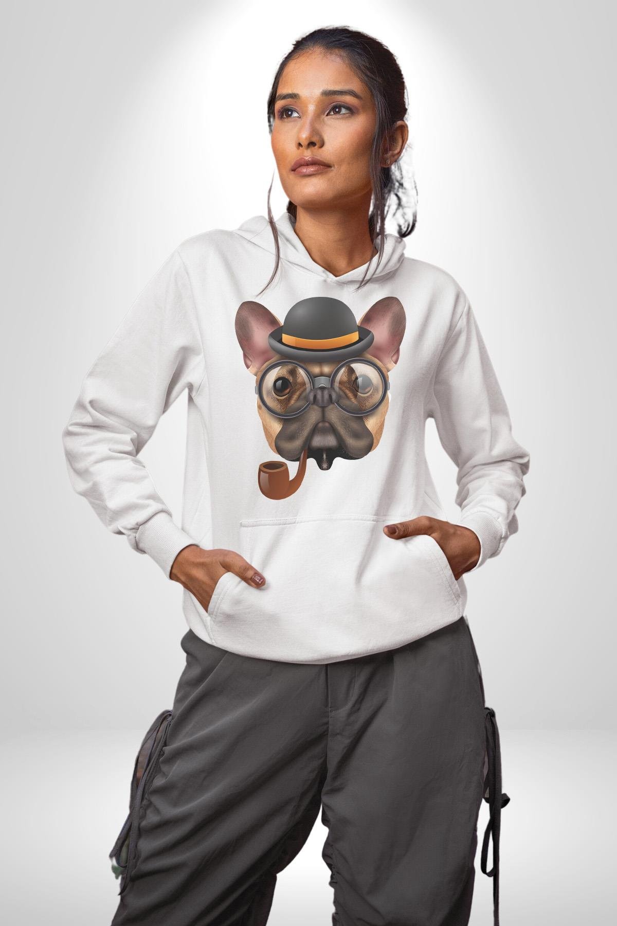 Köpek Pug Gözlüklü Kadın Erkek Çocuk Beyaz Kapüşonlu Sweatshirt Hoodie