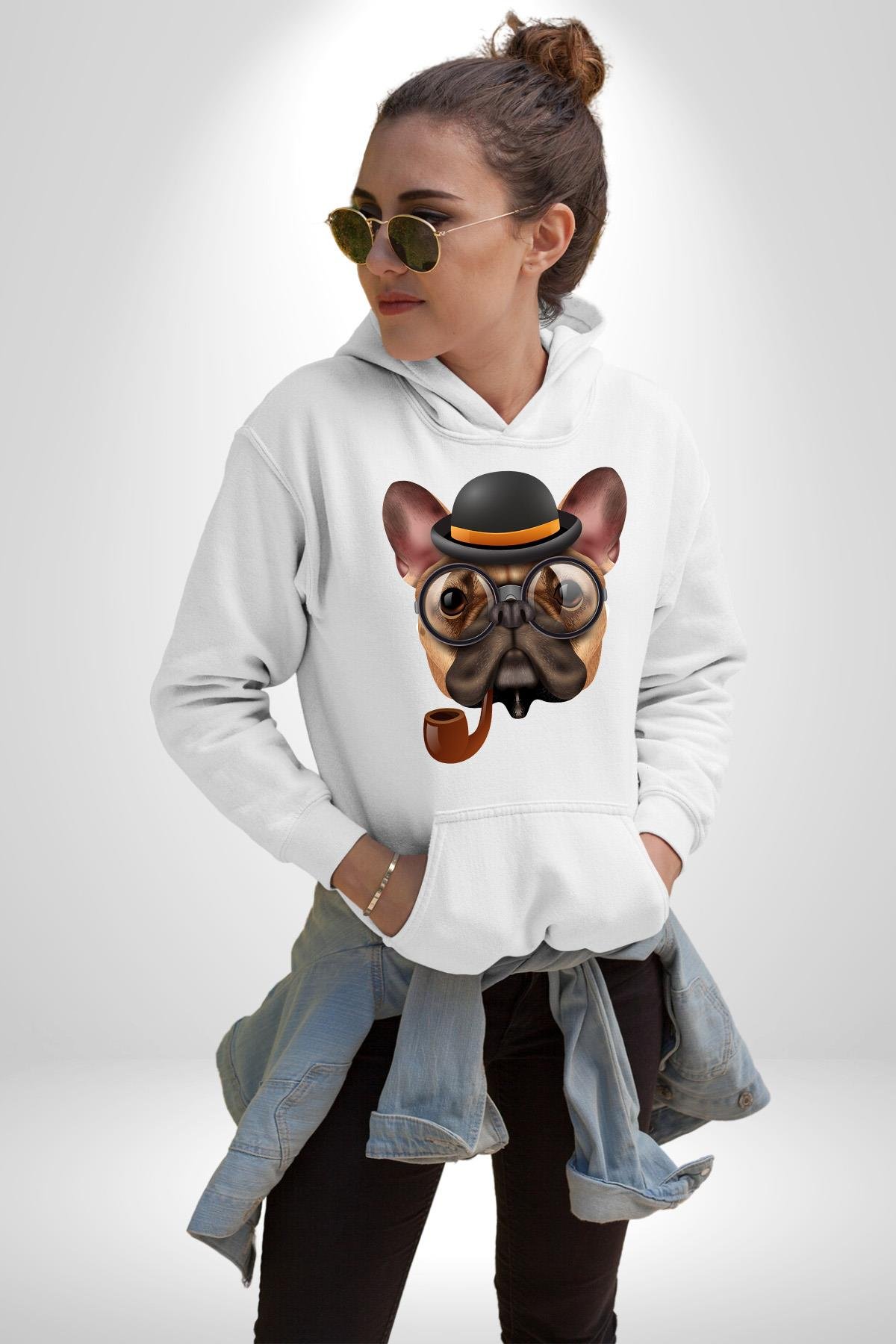 Köpek Pug Gözlüklü Kadın Erkek Çocuk Beyaz Kapüşonlu Sweatshirt Hoodie
