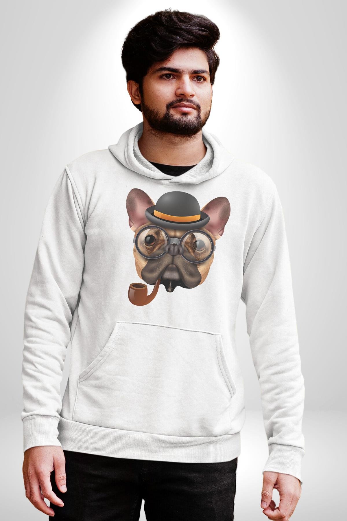 Köpek Pug Gözlüklü Kadın Erkek Çocuk Beyaz Kapüşonlu Sweatshirt Hoodie