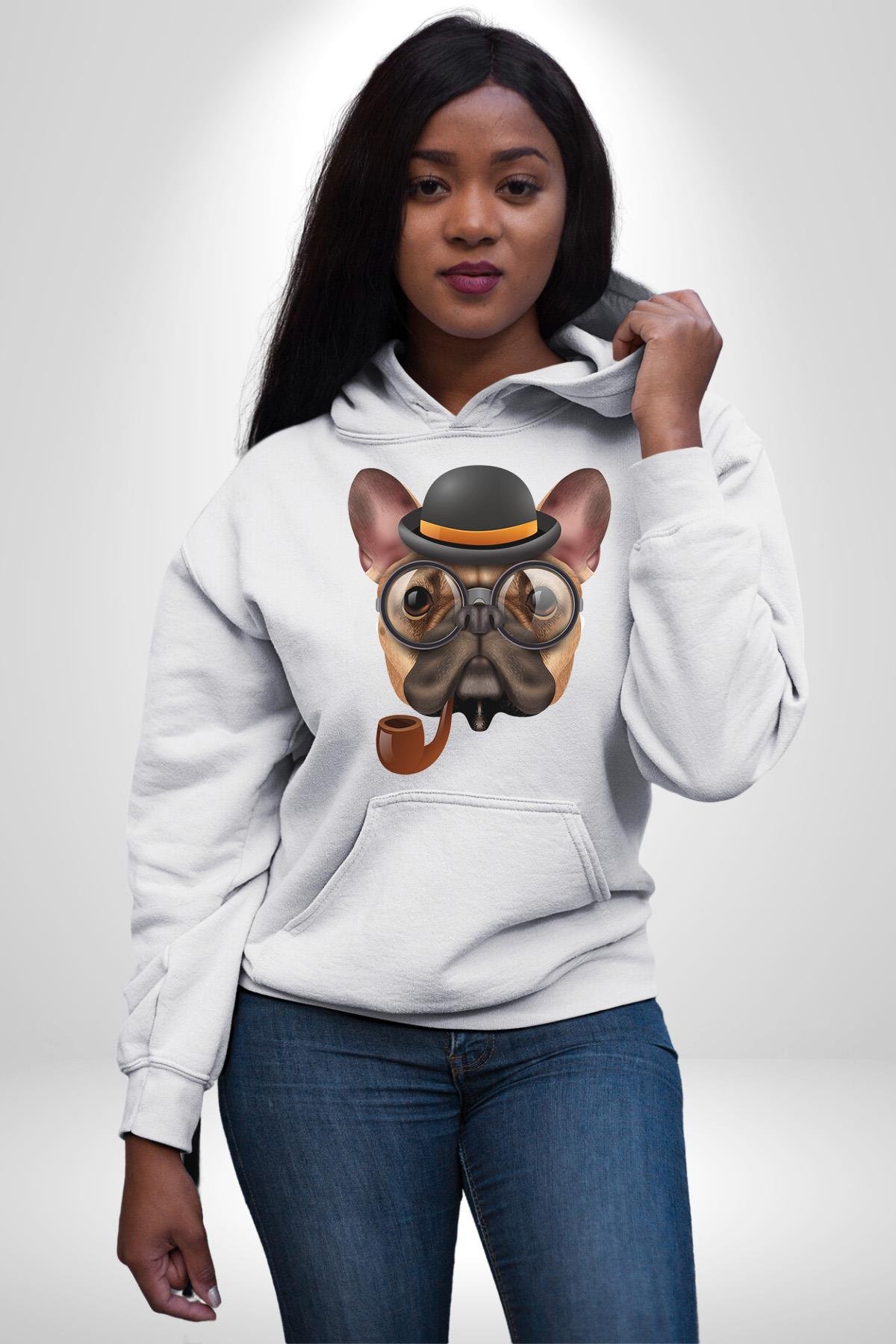 Köpek Pug Gözlüklü Kadın Erkek Çocuk Beyaz Kapüşonlu Sweatshirt Hoodie
