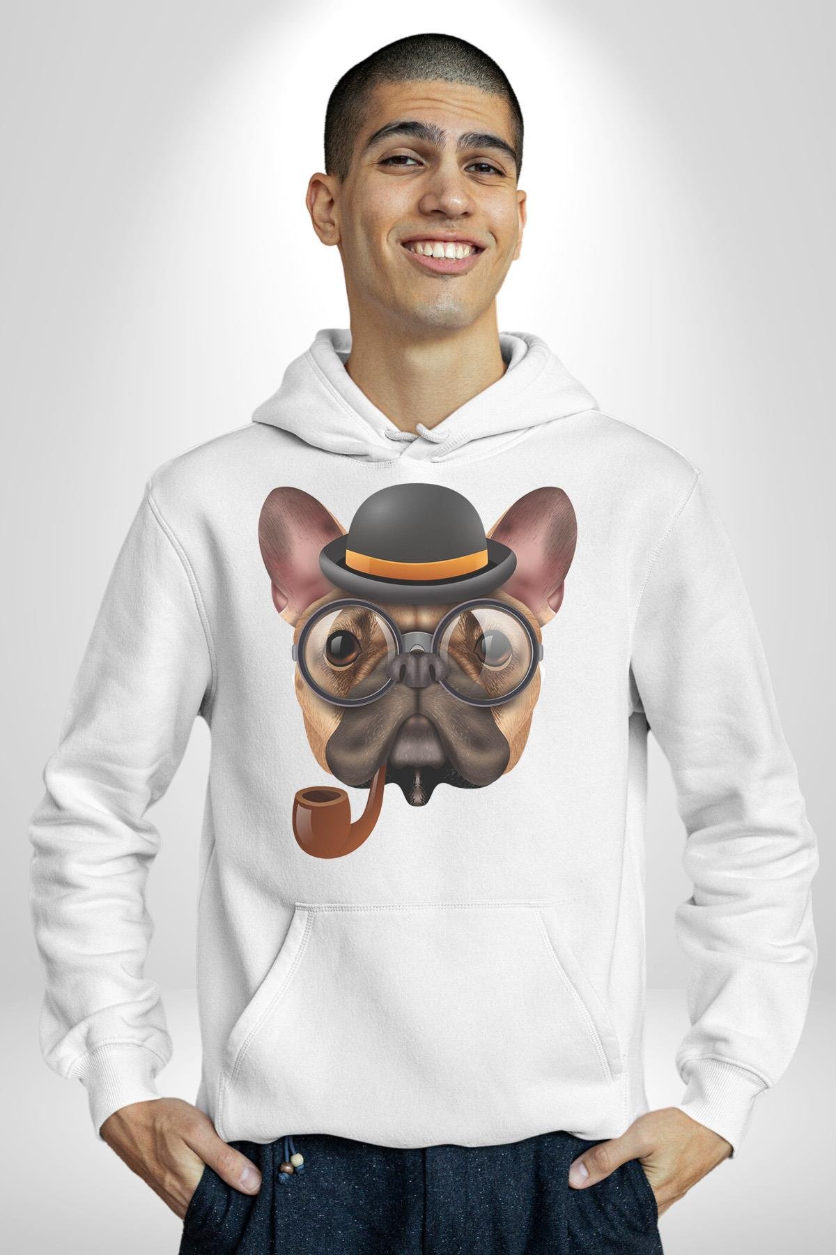 Köpek Pug Gözlüklü Kadın Erkek Çocuk Beyaz Kapüşonlu Sweatshirt Hoodie