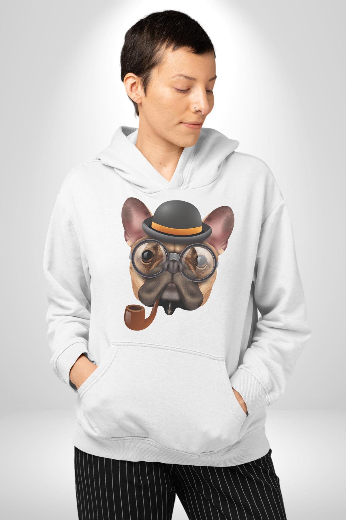 Köpek Pug Gözlüklü Kadın Erkek Çocuk Beyaz Kapüşonlu Sweatshirt Hoodie