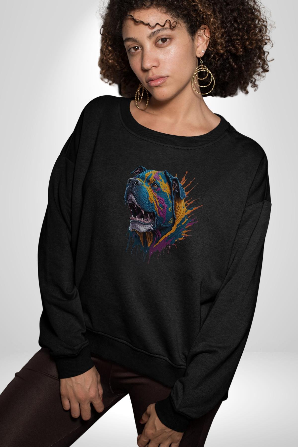 Köpek Saint Bernard Havlama  Kadın Erkek Çocuk Siyah Baskılı Sweatshirt 