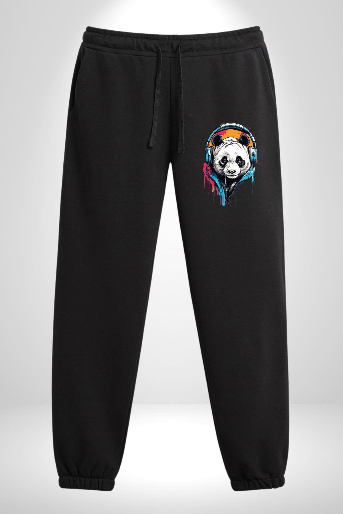 Kulaklık Ayı Panda Pamuklu 3 İplik Siyah Eşofman Altı Erkek Oversize Kesim Dijital Baskılı