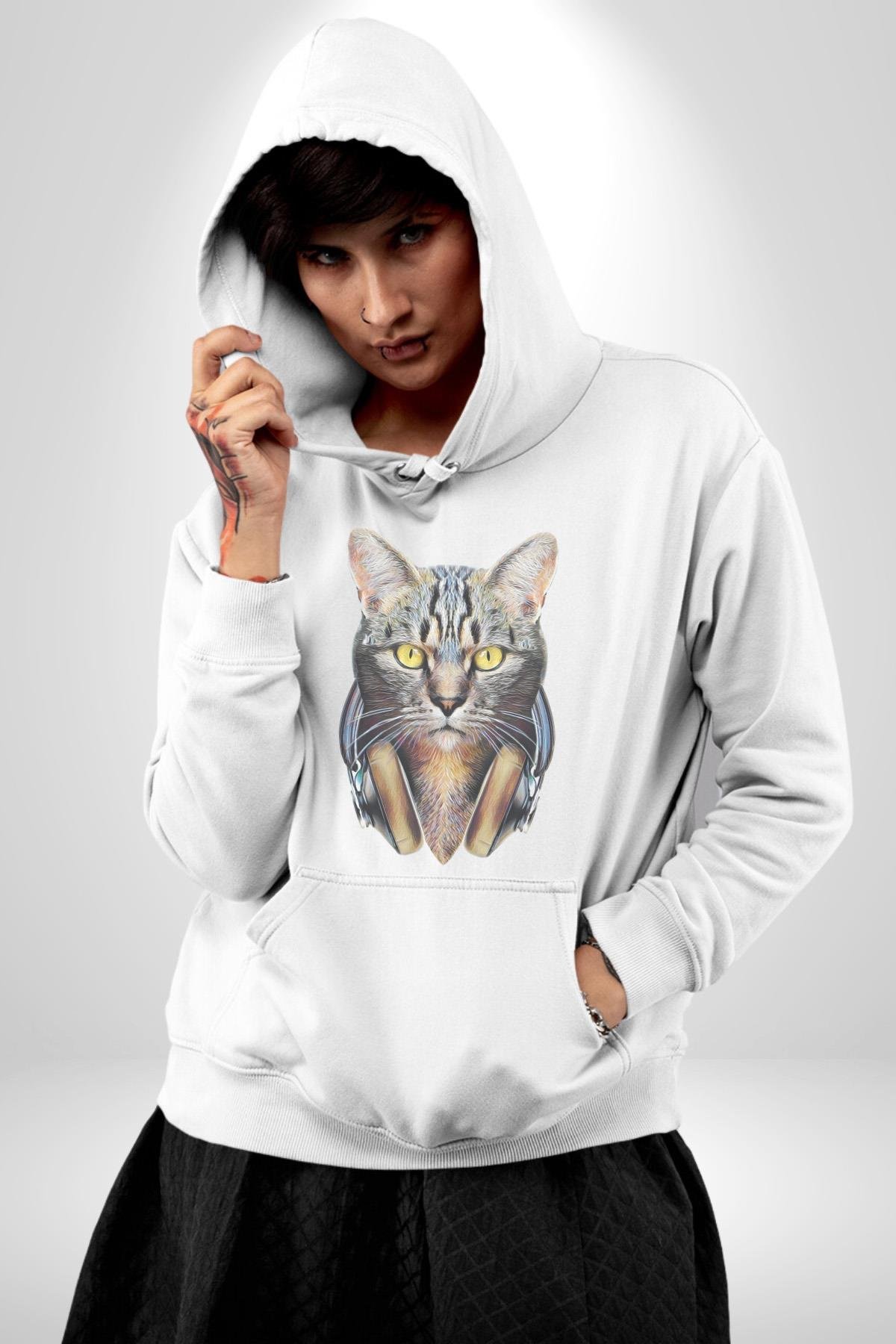 Kulaklık Kedi  Kadın Erkek Çocuk Beyaz Kapüşonlu Sweatshirt Hoodie