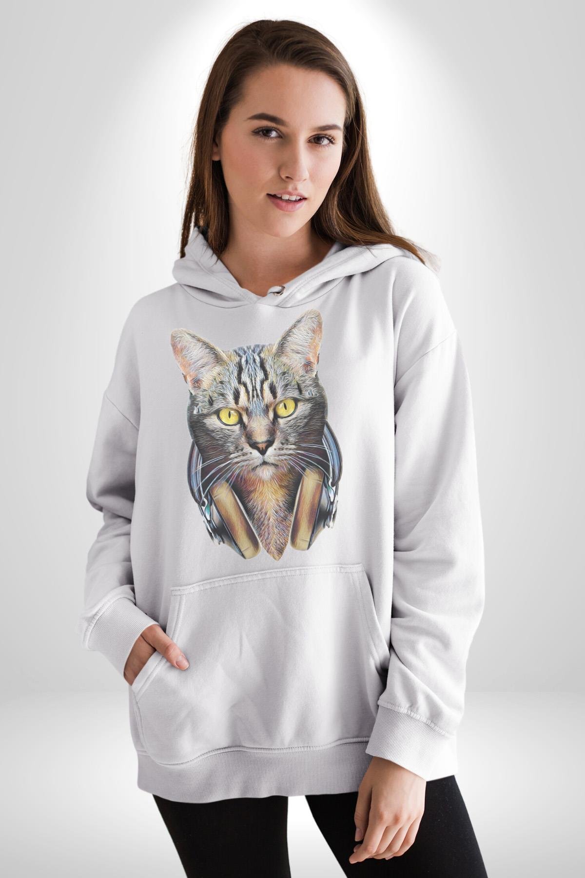 Kulaklık Kedi  Kadın Erkek Çocuk Beyaz Kapüşonlu Sweatshirt Hoodie