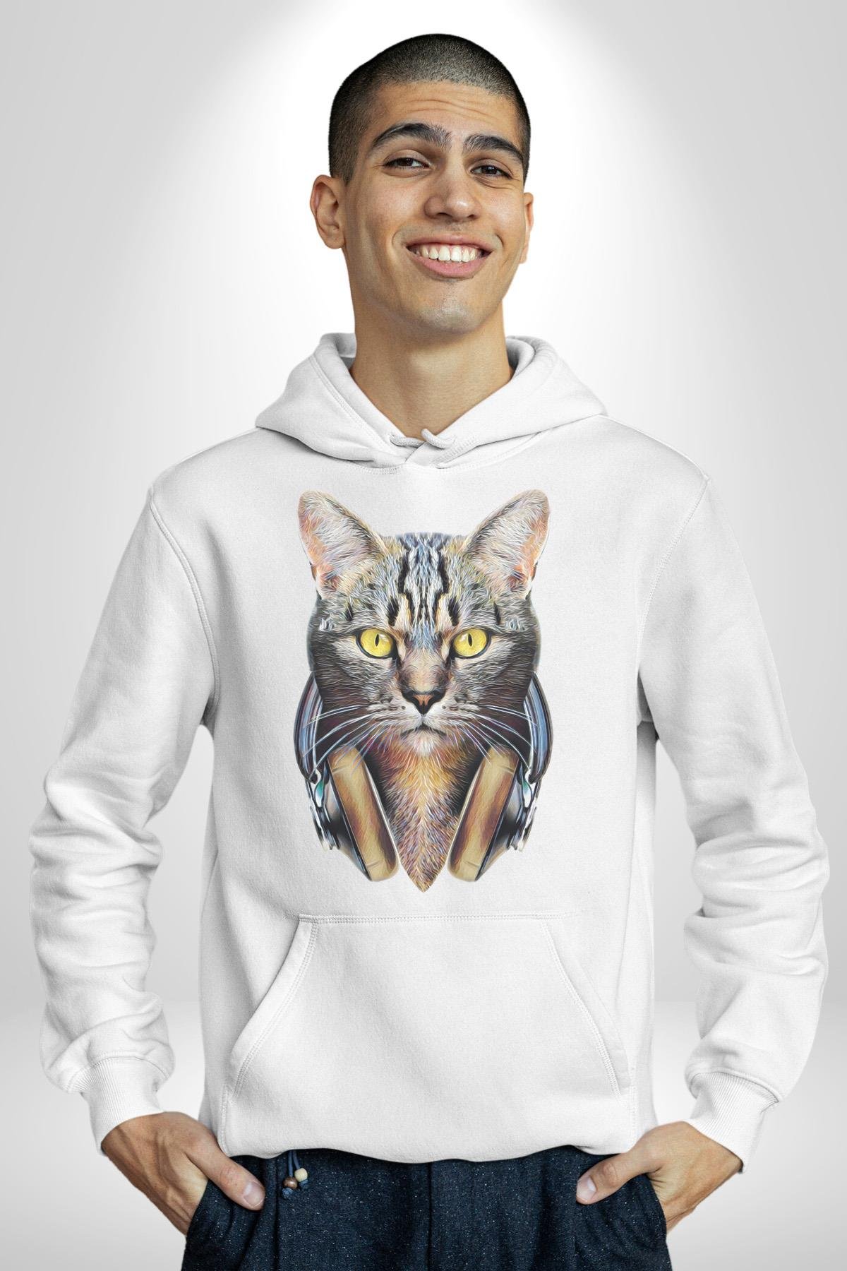 Kulaklık Kedi  Kadın Erkek Çocuk Beyaz Kapüşonlu Sweatshirt Hoodie