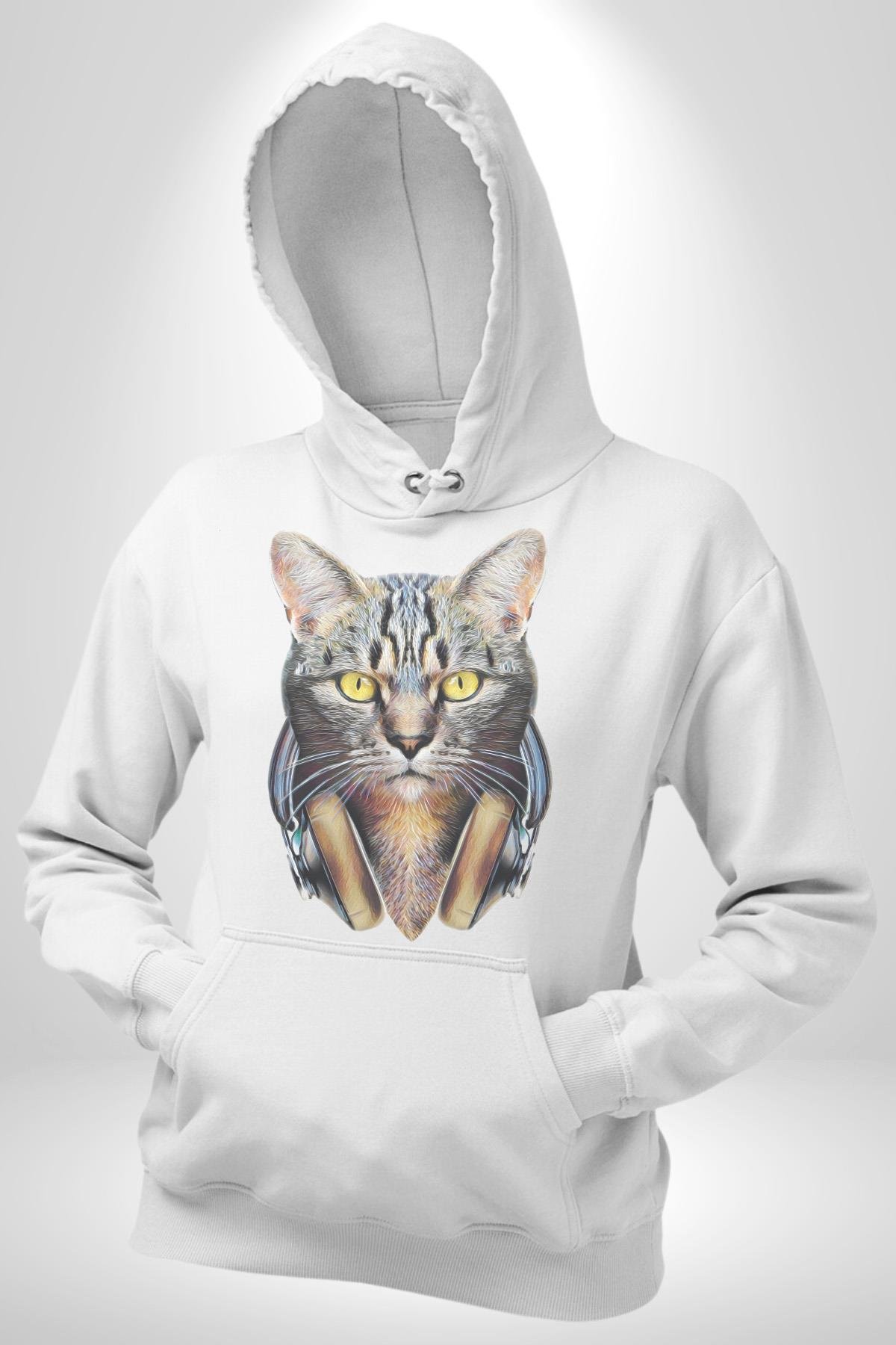 Kulaklık Kedi  Kadın Erkek Çocuk Beyaz Kapüşonlu Sweatshirt Hoodie