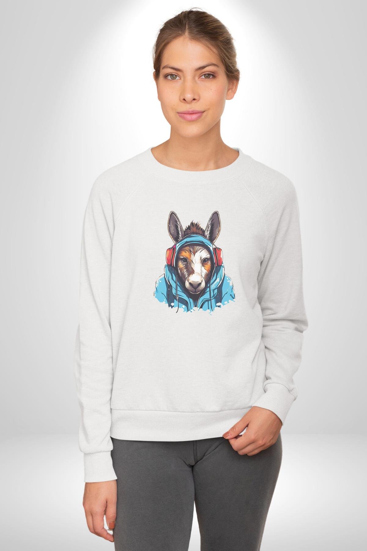 Kulaklıklı Eşşek Müzik Dinlerken Kadın Erkek  Beyaz Baskılı Sweatshirt 