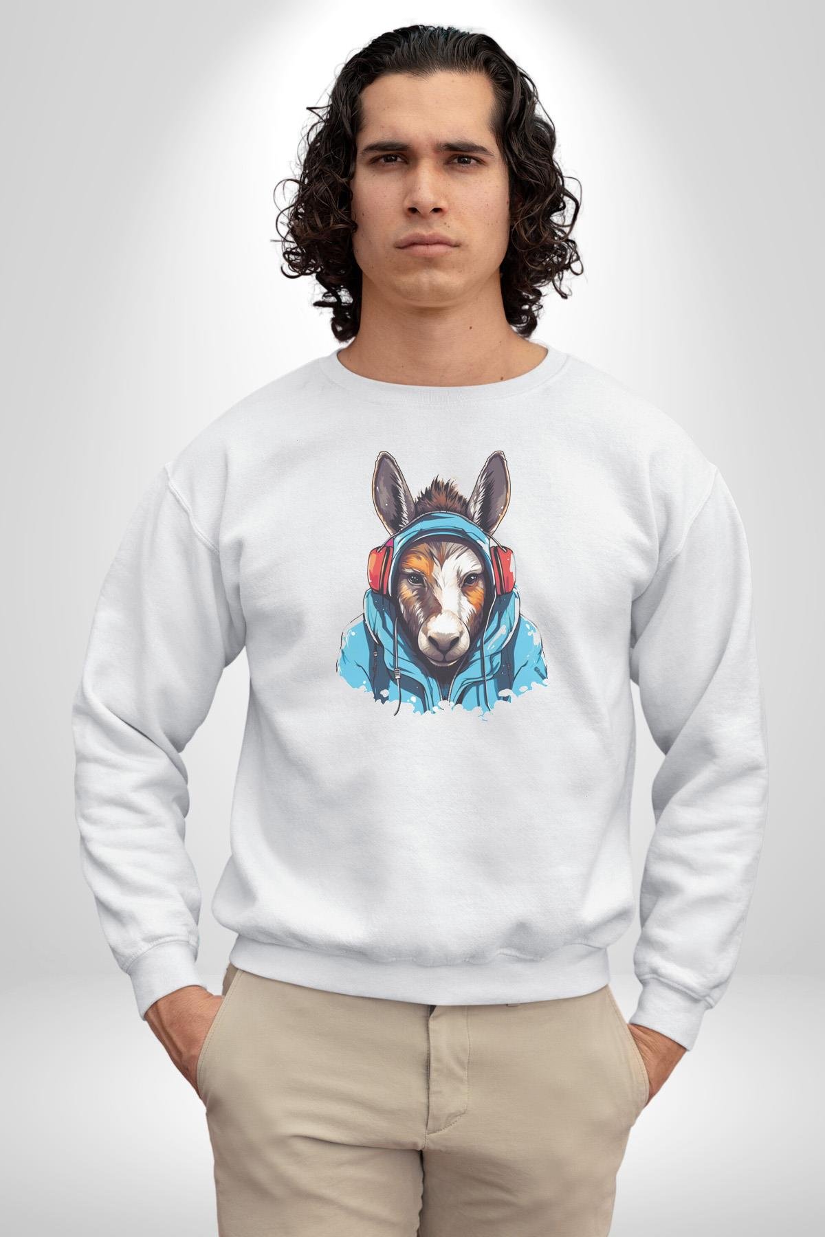 Kulaklıklı Eşşek Müzik Dinlerken Kadın Erkek  Beyaz Baskılı Sweatshirt 