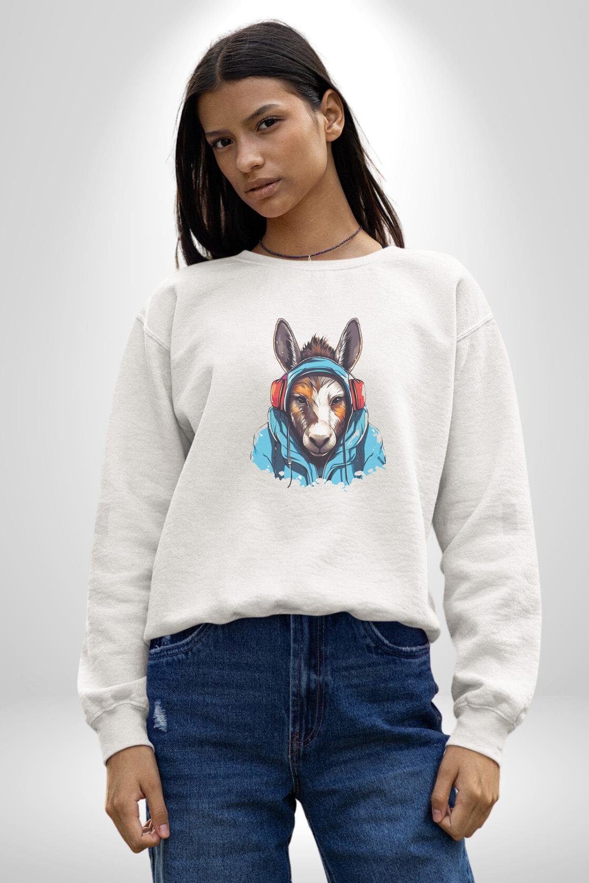 Kulaklıklı Eşşek Müzik Dinlerken Kadın Erkek  Beyaz Baskılı Sweatshirt 