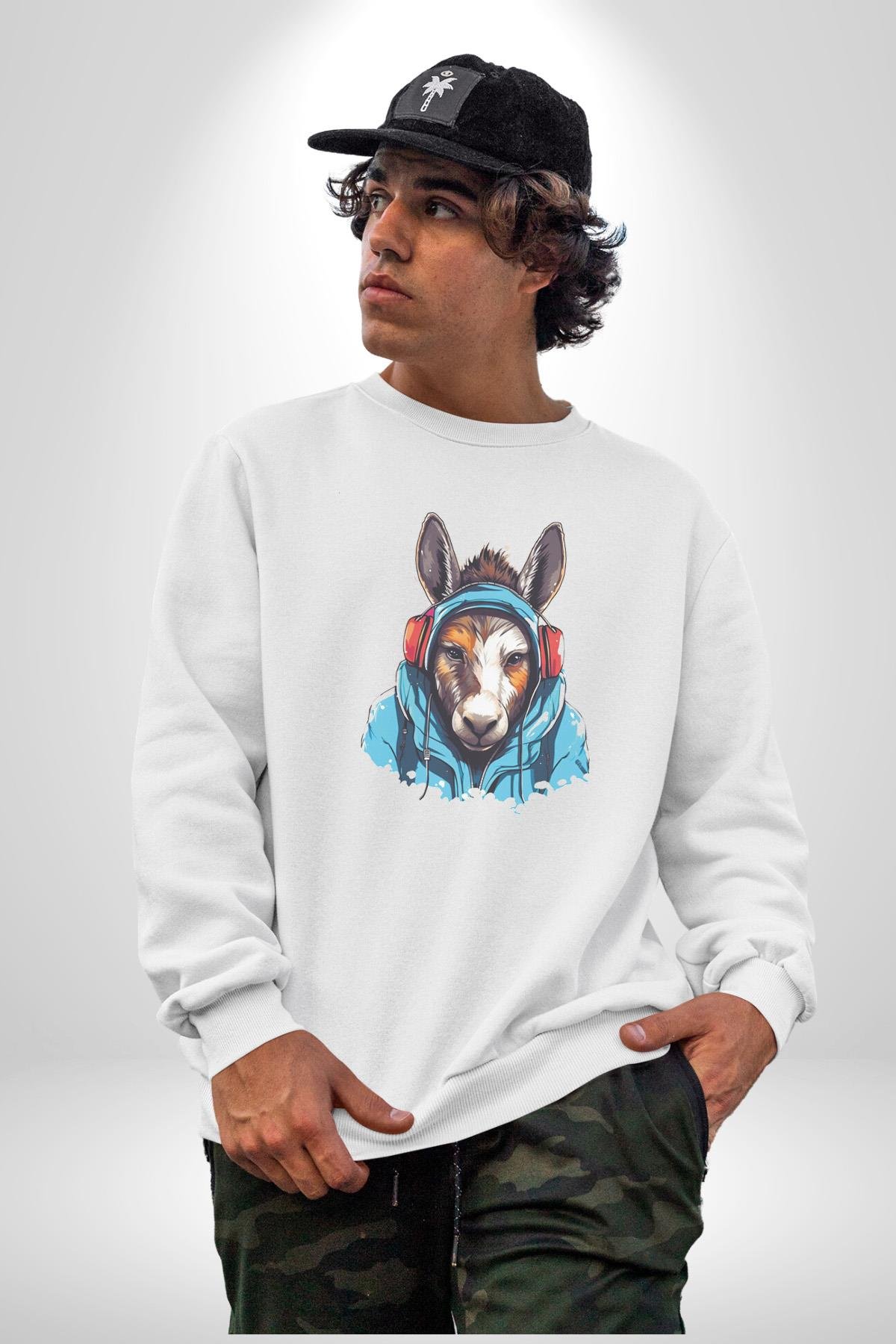 Kulaklıklı Eşşek Müzik Dinlerken Kadın Erkek  Beyaz Baskılı Sweatshirt 