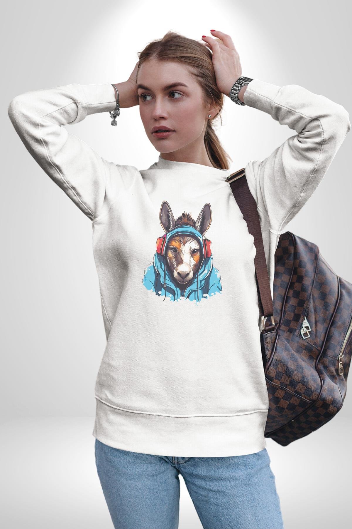 Kulaklıklı Eşşek Müzik Dinlerken Kadın Erkek  Beyaz Baskılı Sweatshirt 