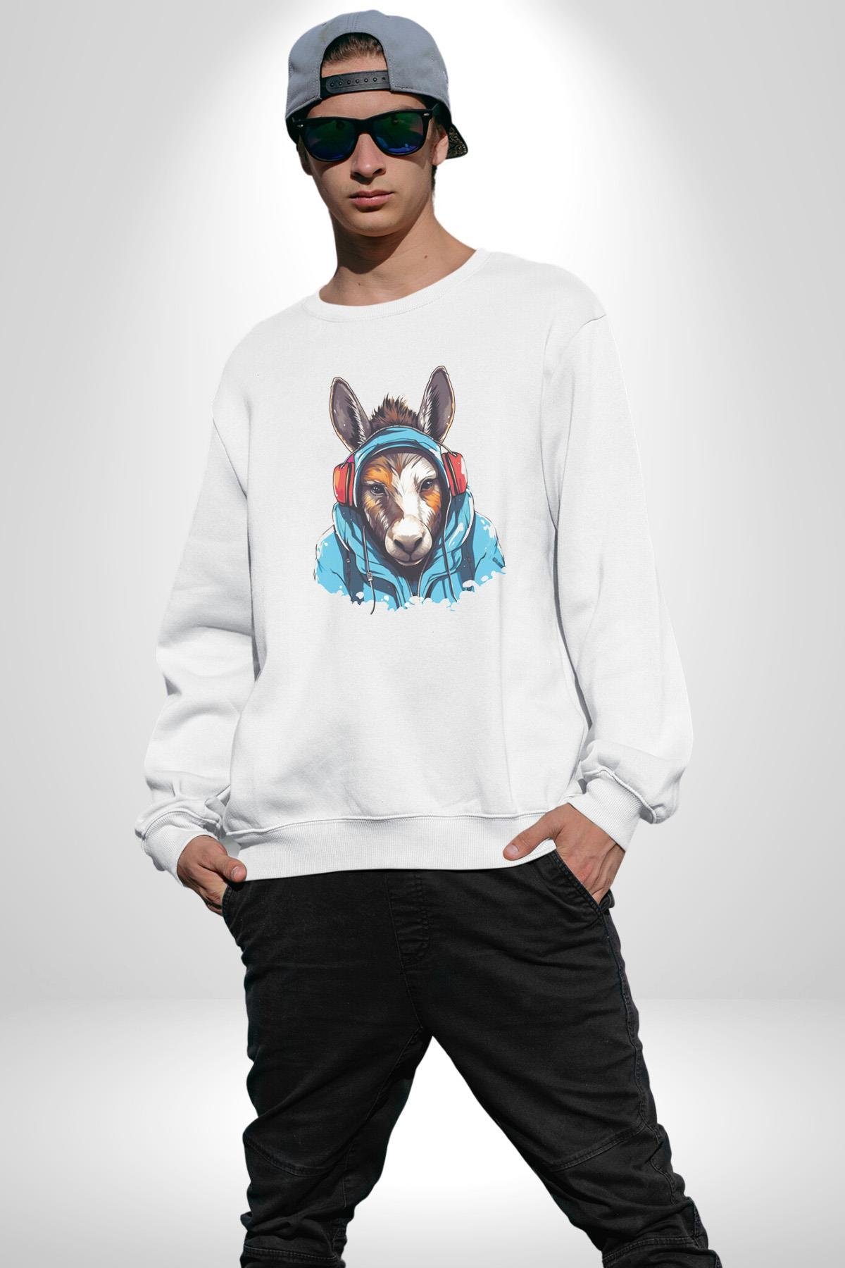 Kulaklıklı Eşşek Müzik Dinlerken Kadın Erkek  Beyaz Baskılı Sweatshirt 