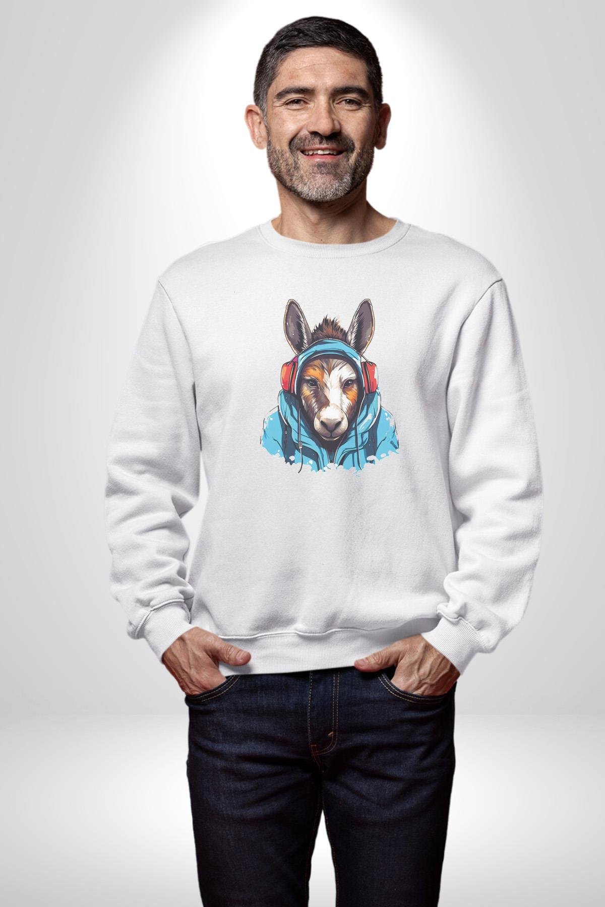 Kulaklıklı Eşşek Müzik Dinlerken Kadın Erkek  Beyaz Baskılı Sweatshirt 