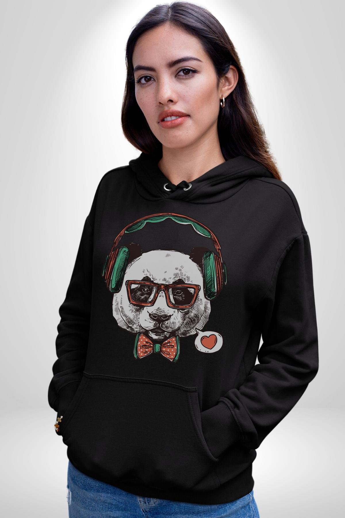 Kulaklıklı Hipster Portre Panda Kadın Erkek Çocuk Siyah Kapüşonlu Sweatshirt Hoodie