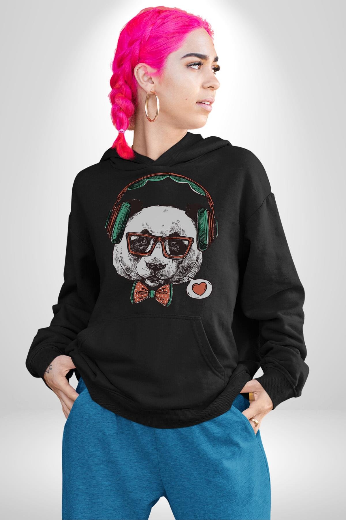 Kulaklıklı Hipster Portre Panda Kadın Erkek Çocuk Siyah Kapüşonlu Sweatshirt Hoodie