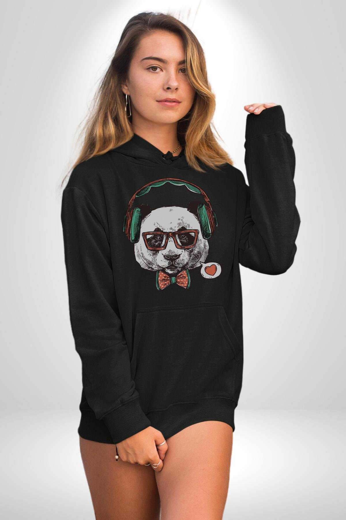 Kulaklıklı Hipster Portre Panda Kadın Erkek Çocuk Siyah Kapüşonlu Sweatshirt Hoodie