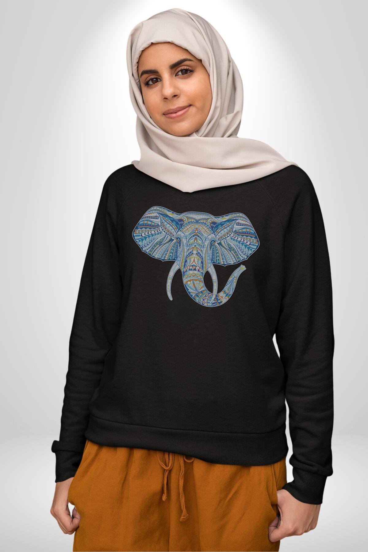 Mandala  Renkli Fil Kadın Erkek Çocuk Siyah Baskılı Sweatshirt 