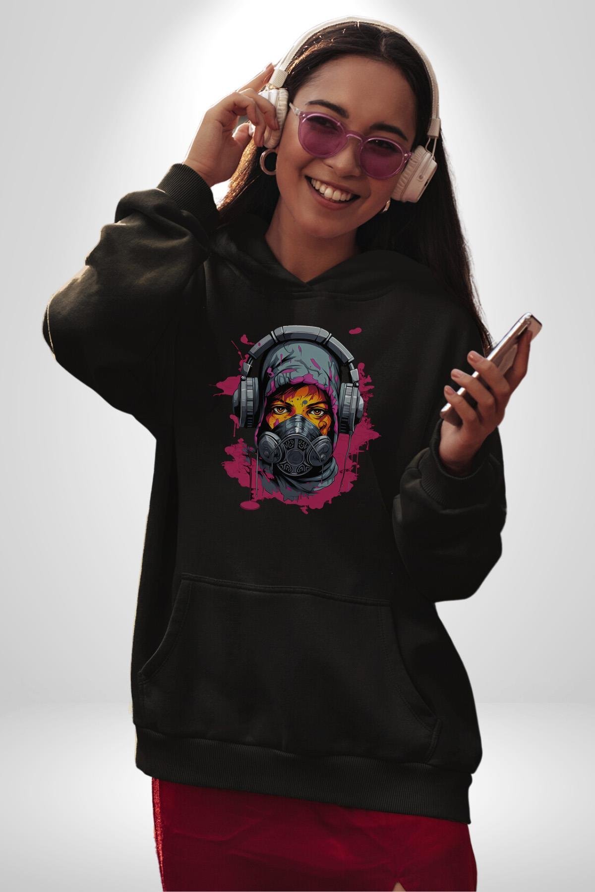 Maske Duman Corona Müzik Kulaklık  Kadın Erkek Çocuk Siyah Kapüşonlu Sweatshirt Hoodie