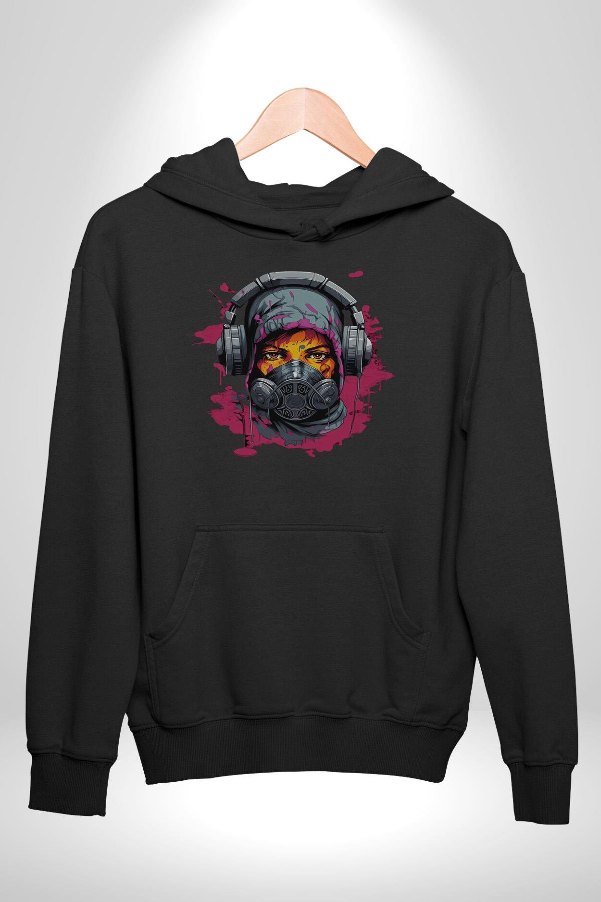Maske Duman Corona Müzik Kulaklık  Kadın Erkek Çocuk Siyah Kapüşonlu Sweatshirt Hoodie