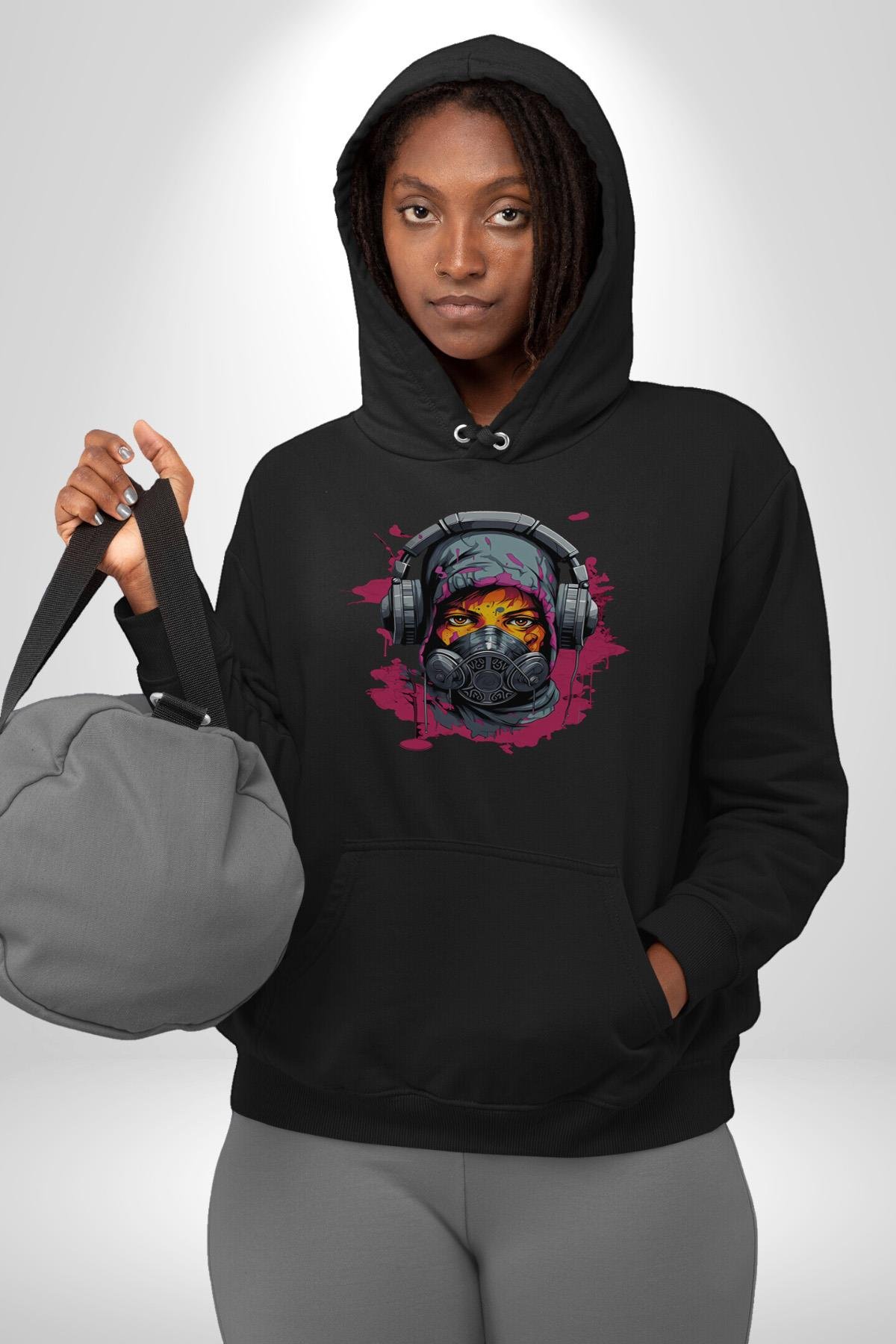 Maske Duman Corona Müzik Kulaklık  Kadın Erkek Çocuk Siyah Kapüşonlu Sweatshirt Hoodie