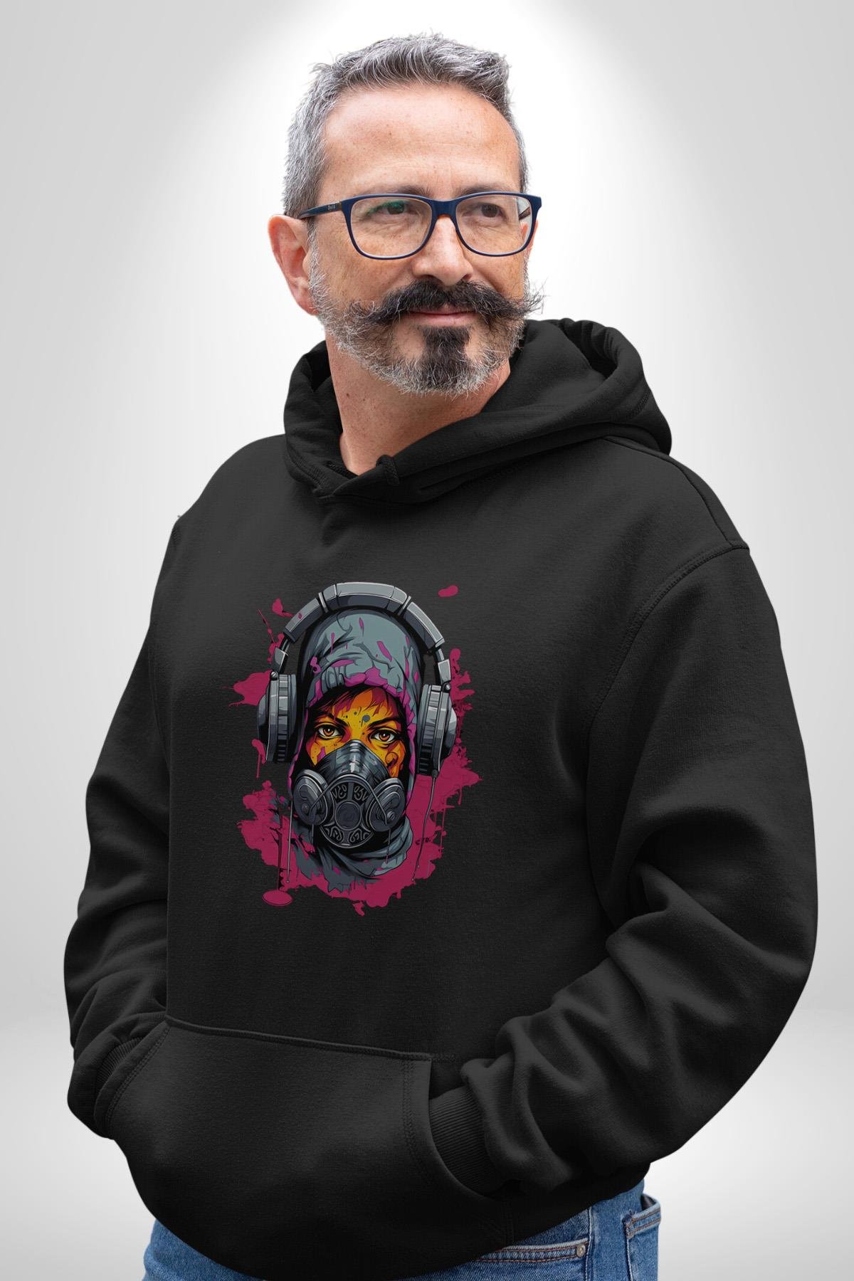 Maske Duman Corona Müzik Kulaklık  Kadın Erkek Çocuk Siyah Kapüşonlu Sweatshirt Hoodie