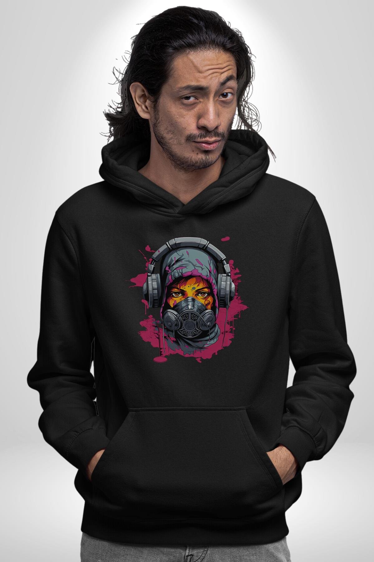 Maske Duman Corona Müzik Kulaklık  Kadın Erkek Çocuk Siyah Kapüşonlu Sweatshirt Hoodie