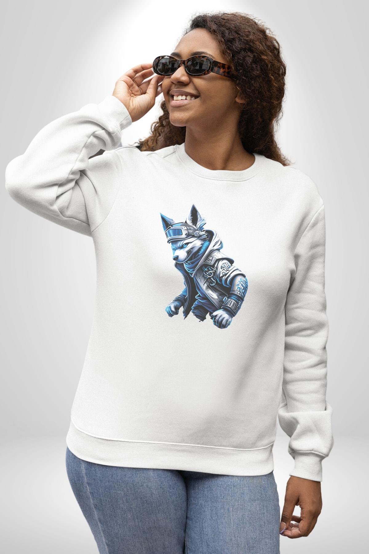 Mavi Beyaz Ateşli Kurt Kadın Erkek  Beyaz Baskılı Sweatshirt 