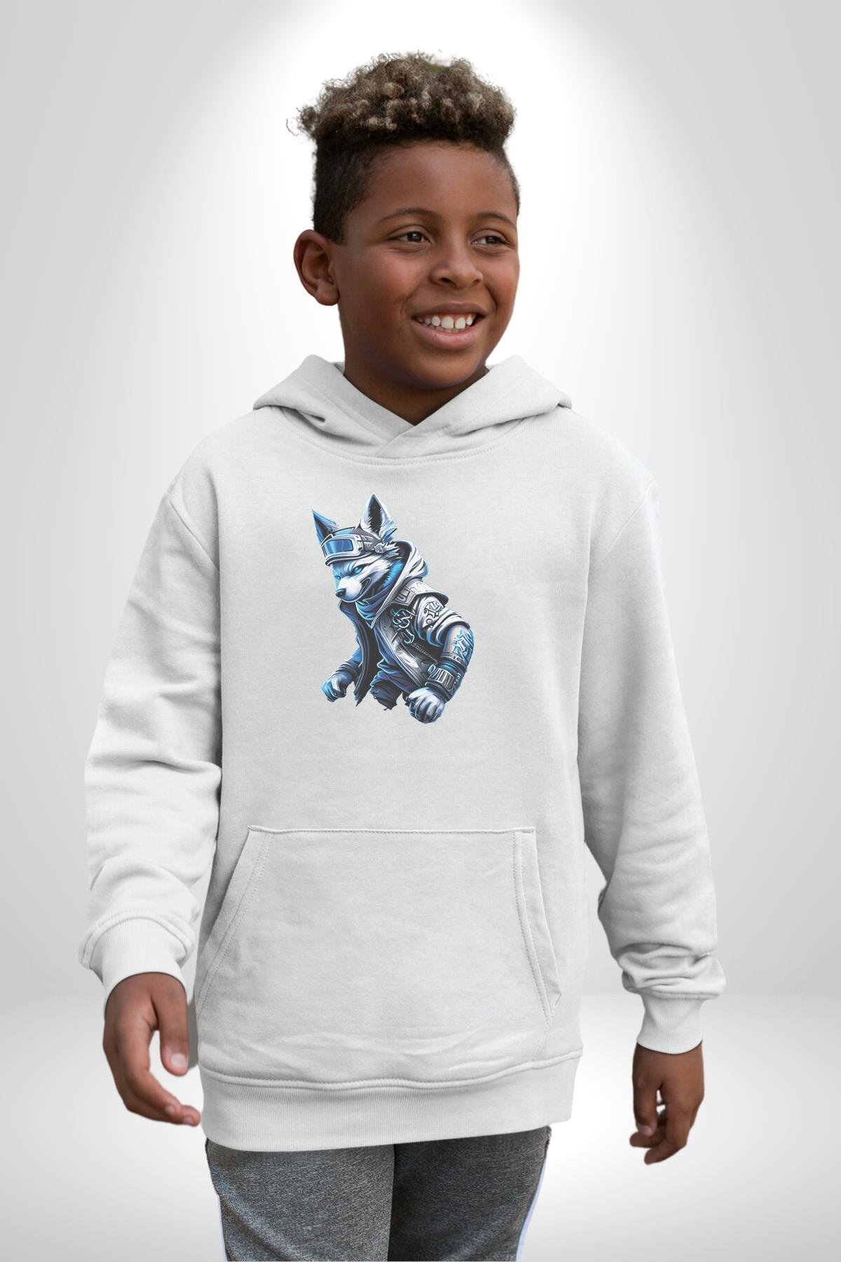 Mavi Beyaz Ateşli Kurt Kadın Erkek Çocuk Beyaz Kapüşonlu Sweatshirt Hoodie