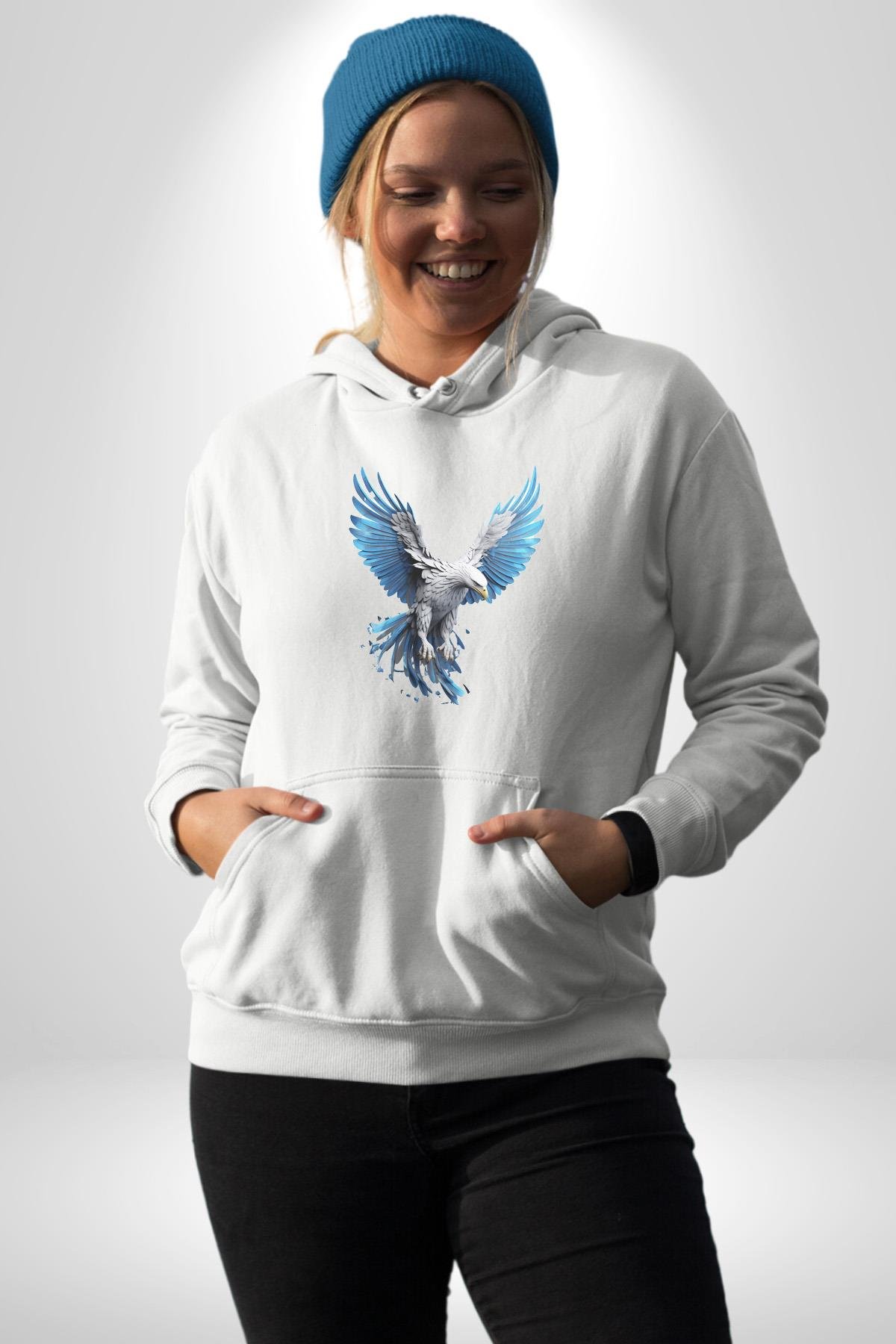 Mavi Beyaz Kartal Kuş Kadın Erkek Çocuk Beyaz Kapüşonlu Sweatshirt Hoodie