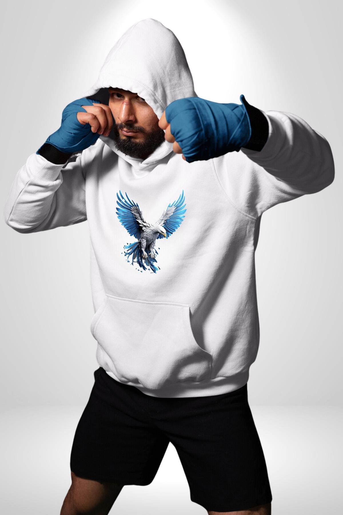 Mavi Beyaz Kartal Kuş Kadın Erkek Çocuk Beyaz Kapüşonlu Sweatshirt Hoodie