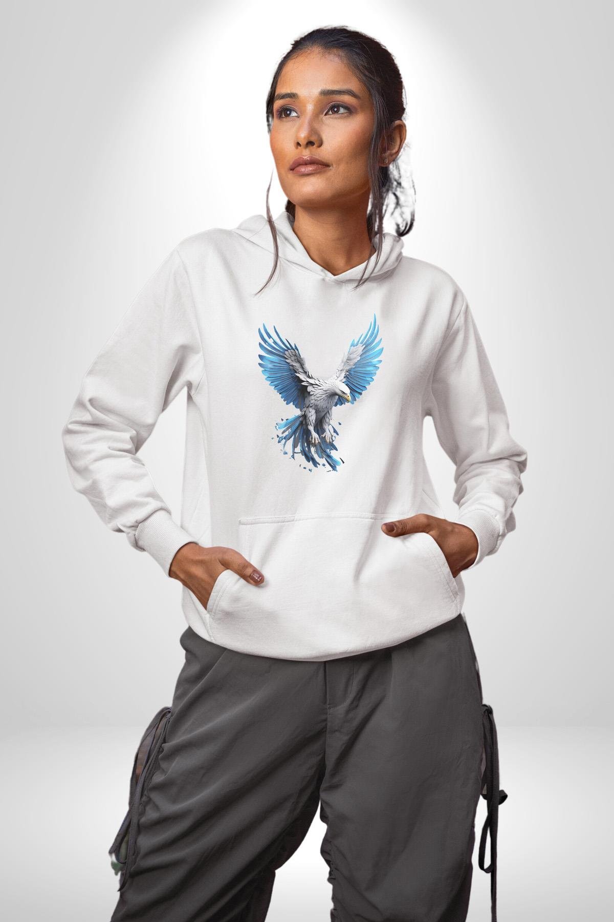 Mavi Beyaz Kartal Kuş Kadın Erkek Çocuk Beyaz Kapüşonlu Sweatshirt Hoodie