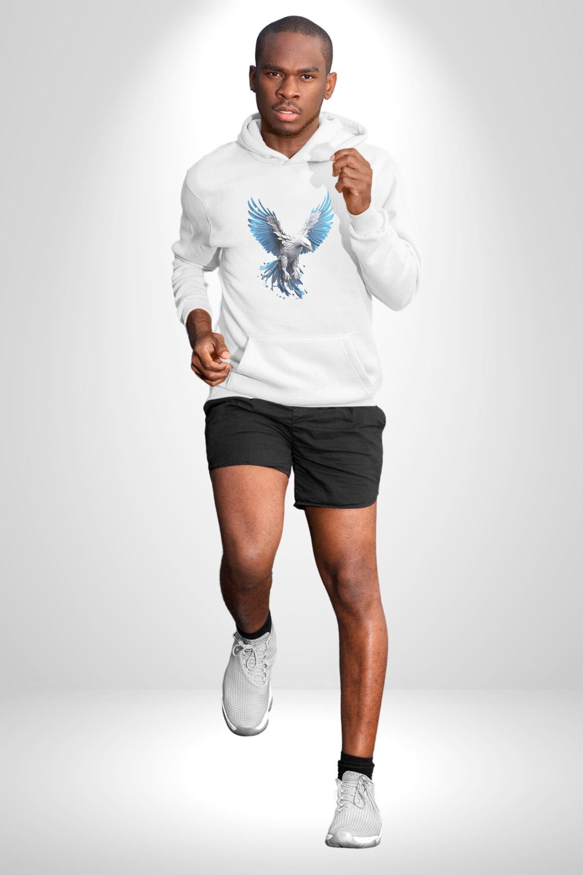 Mavi Beyaz Kartal Kuş Kadın Erkek Çocuk Beyaz Kapüşonlu Sweatshirt Hoodie