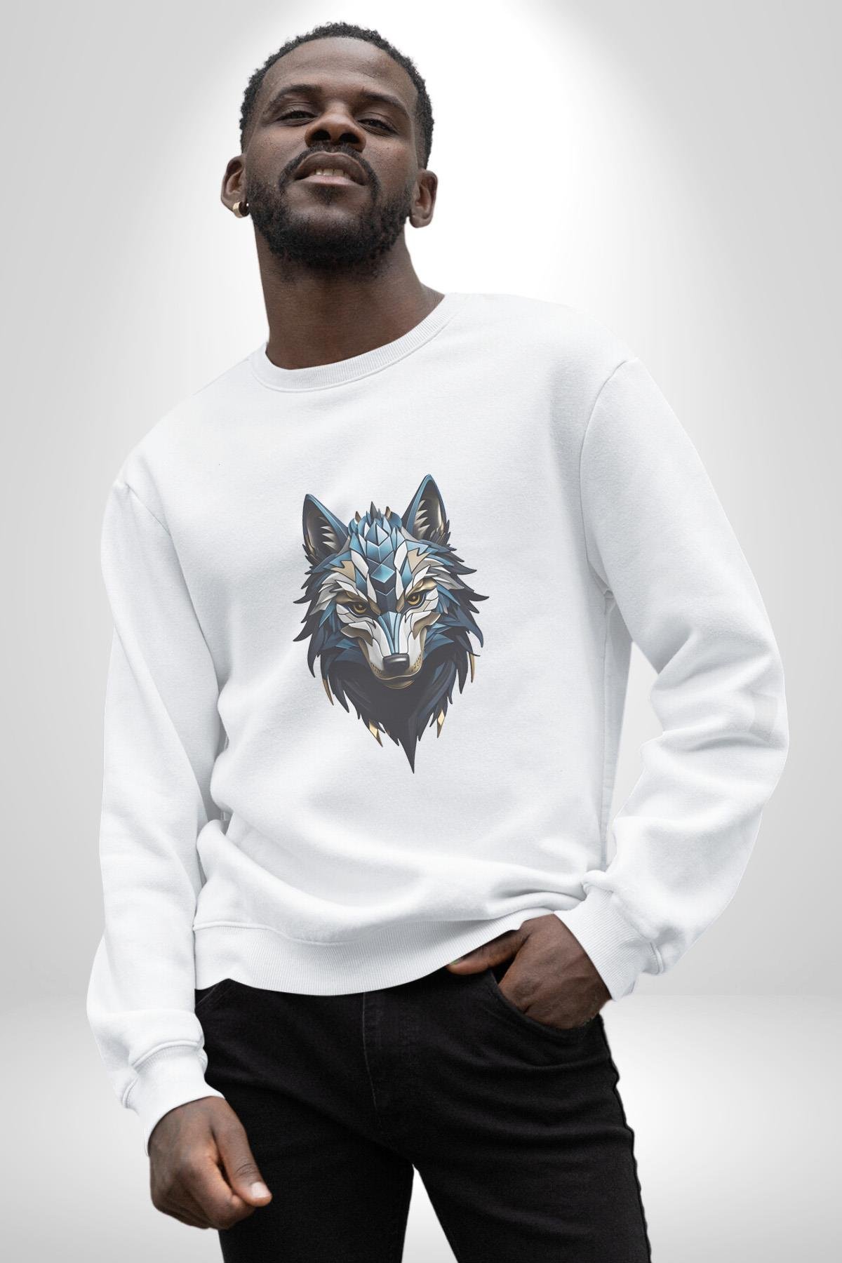Mavi Kurt Robot  Kadın Erkek  Beyaz Baskılı Sweatshirt 